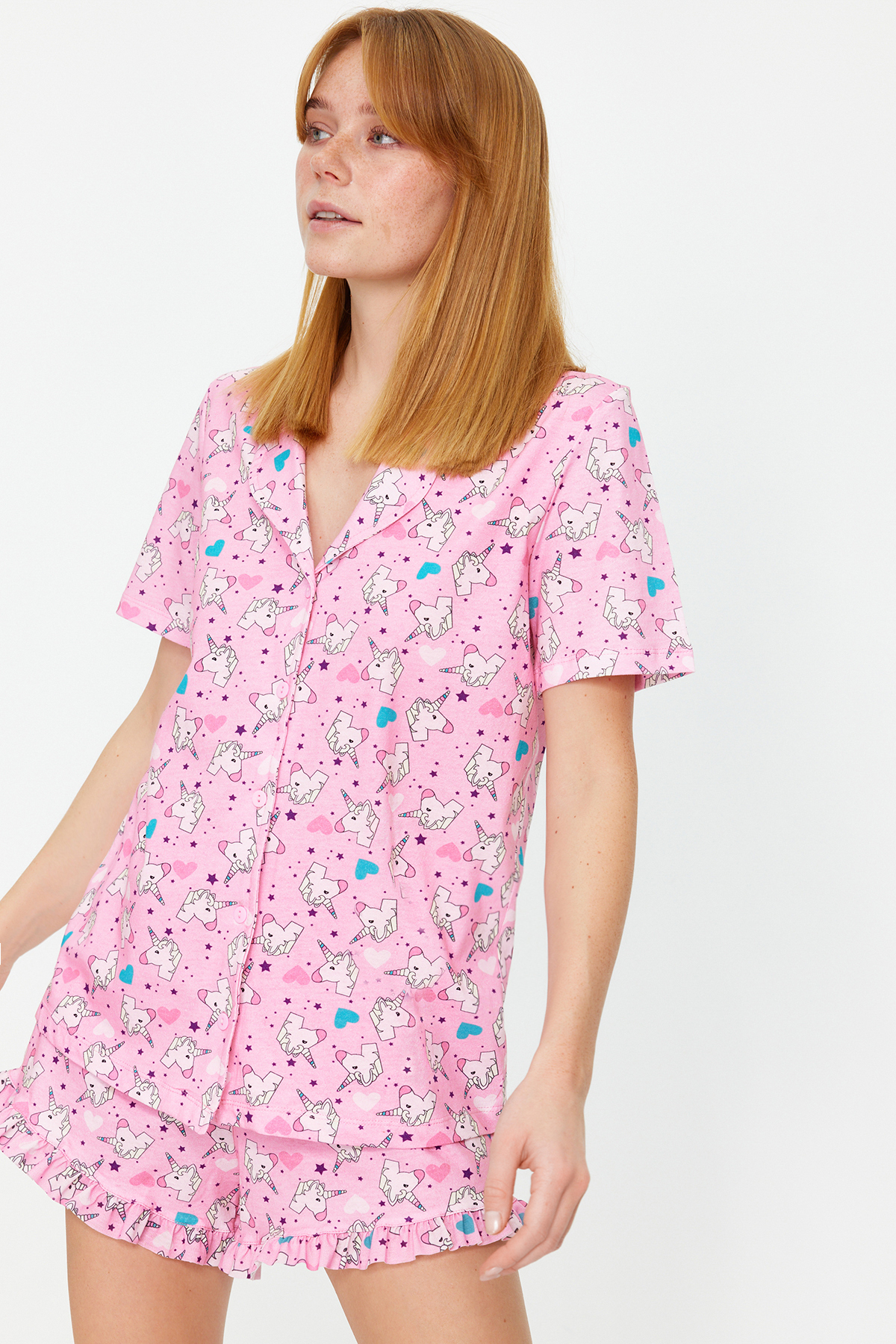 Trendyol Pink 100% Cotton Fun Patterned Ruffle Shorts Knitted Pajama Set