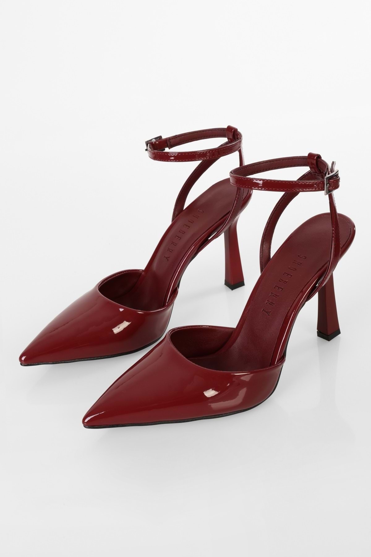 Levně Shoeberry Women's Martini Burgundy Patent Leather Belted Ankle Tied Stiletto