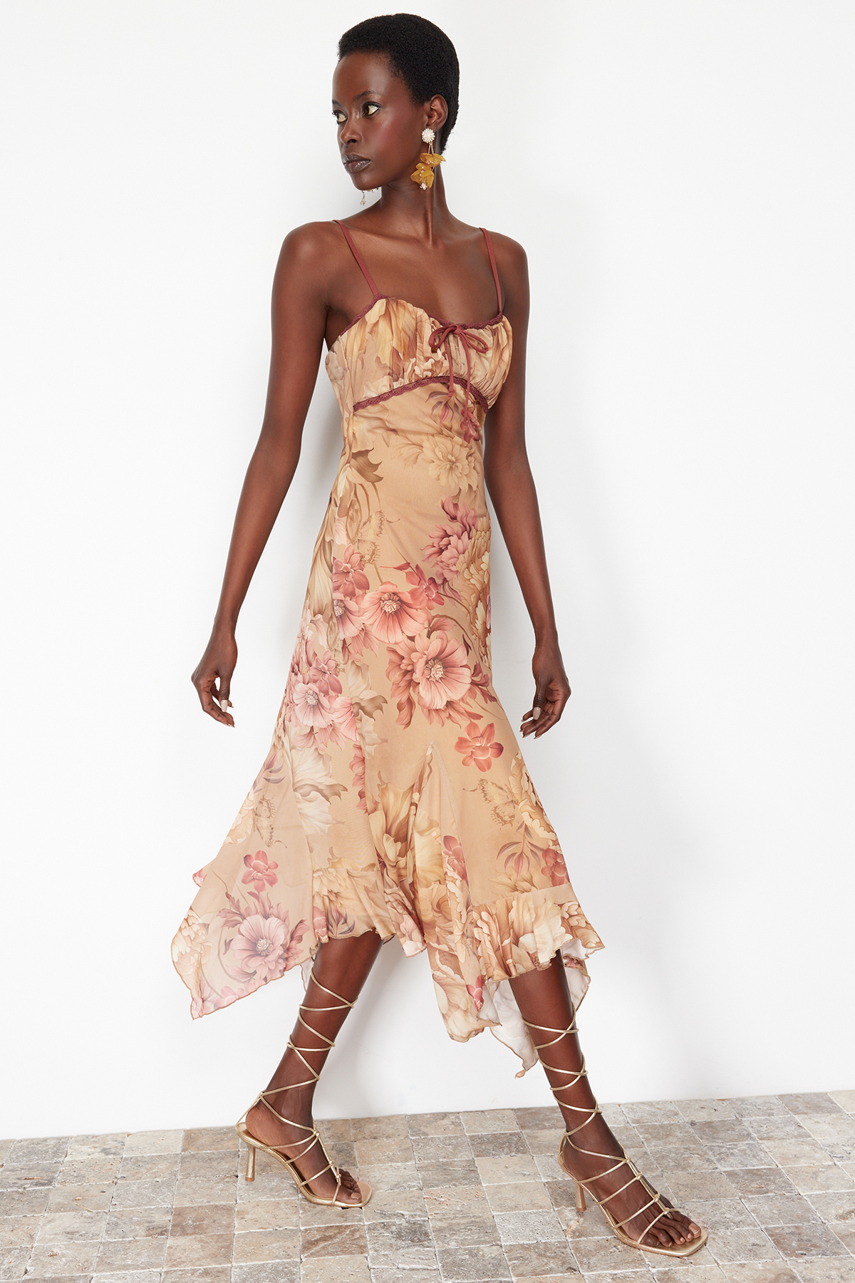 Trendyol Multicolored A-Line Floral Patterned Ruffle Knitted Tulle Dress