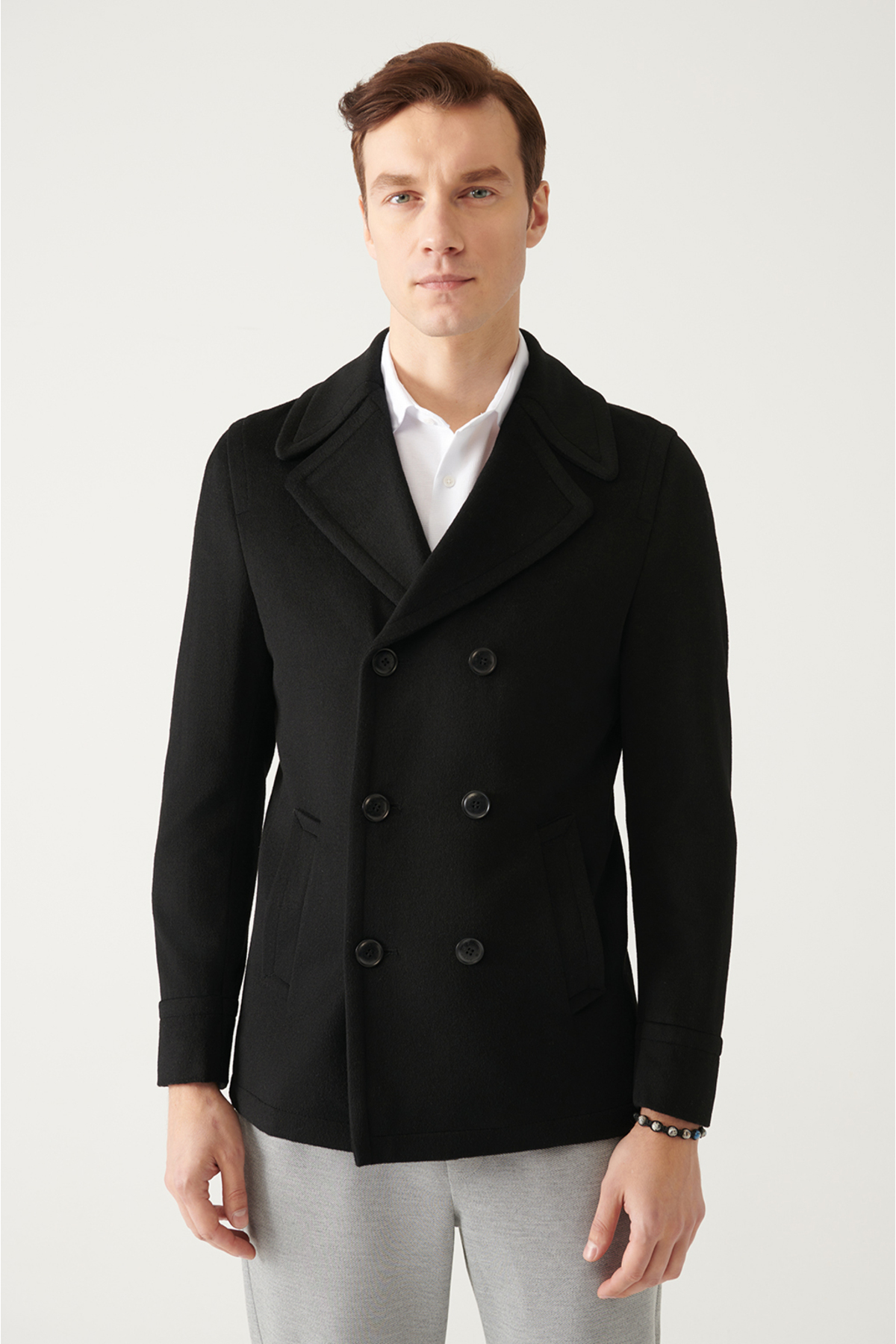 Levně Avva Men's Black Double Breasted Collar Woolen Cachet Comfort Fit Relaxed Cut Coat