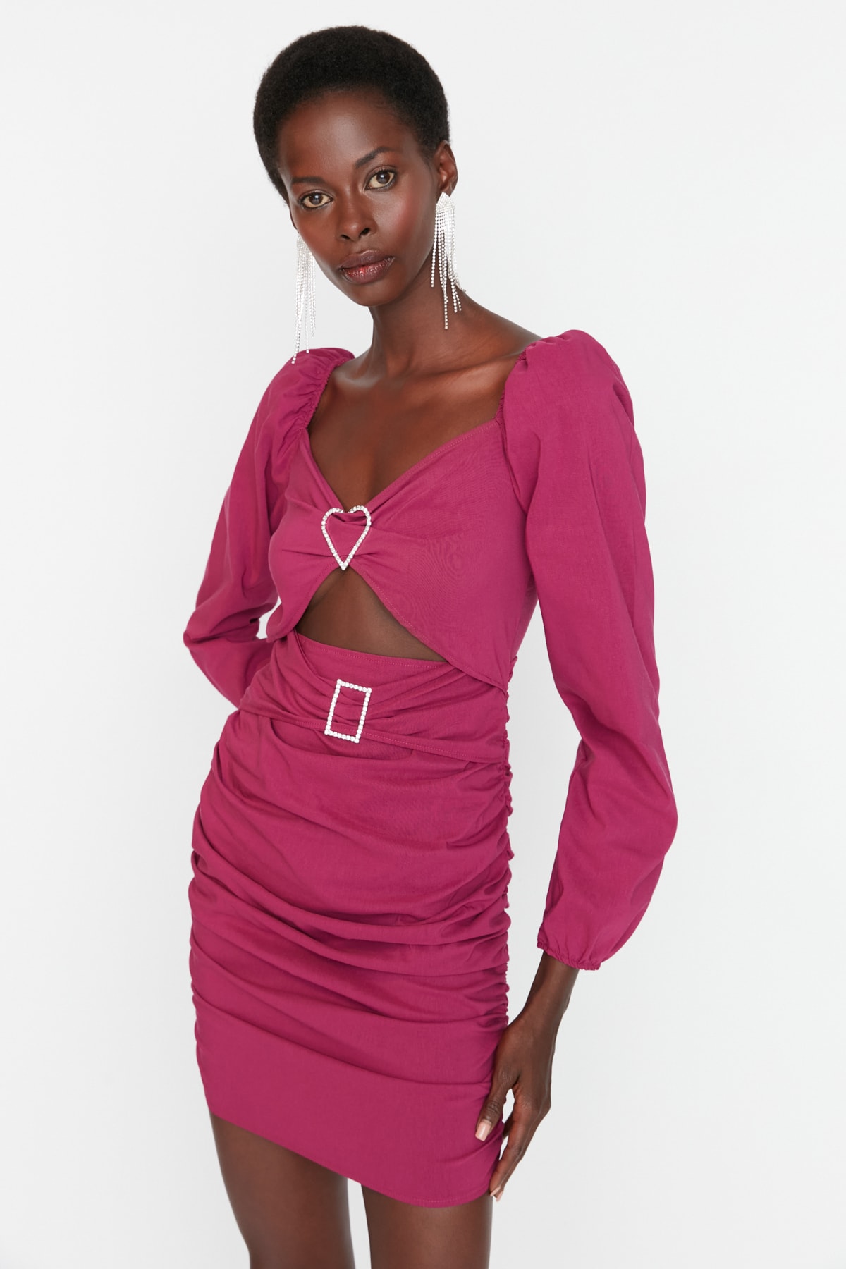 Trendyol Fuchsia Stone Accessory Buckle Draped Elegant Rochie de seara