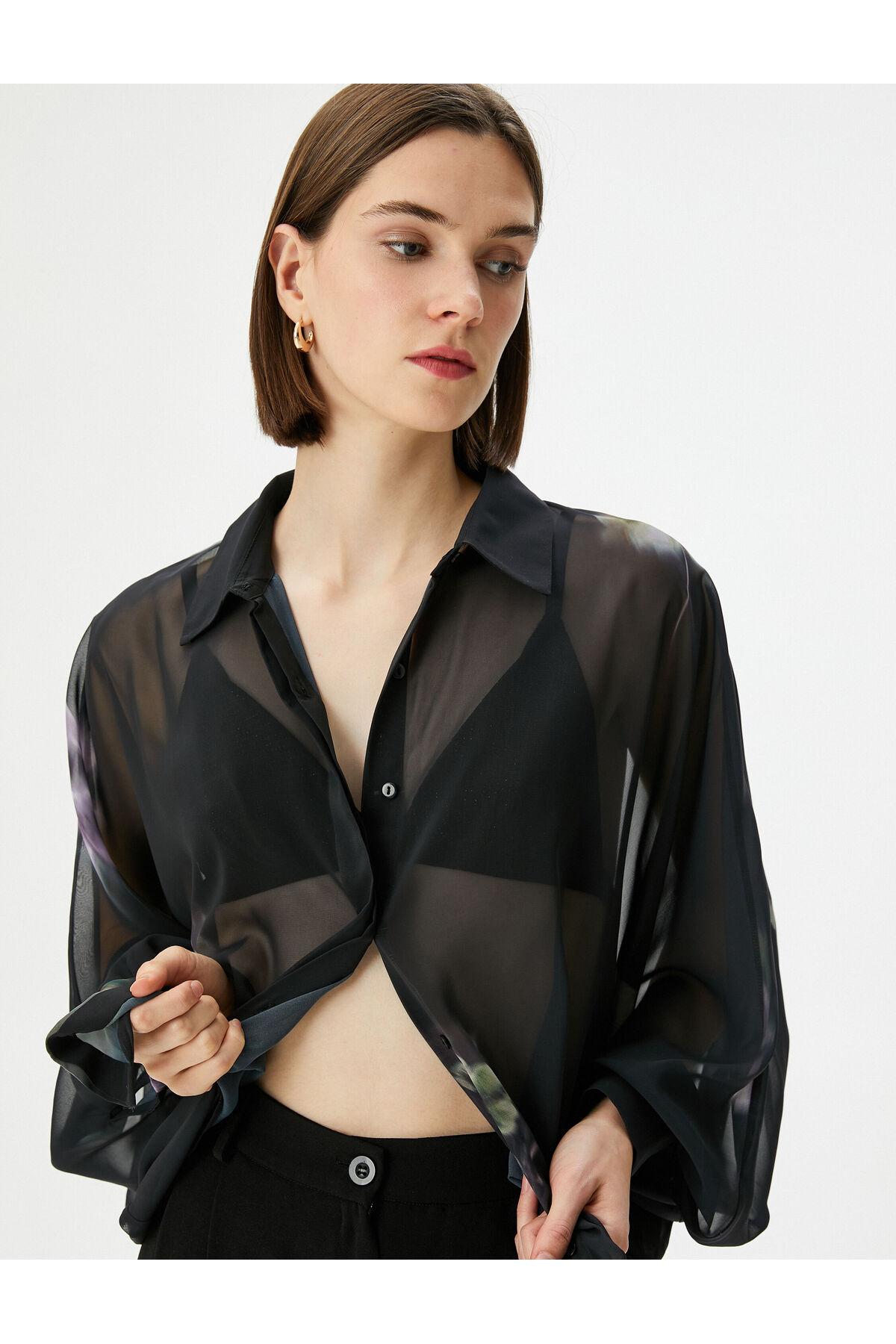 Koton Transparent Shirt with Floral Buttons and Bat Sleeves