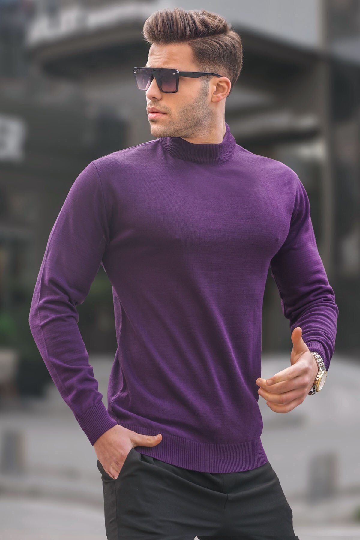 Levně Madmext Purple Slim Fit Half Turtleneck Men's Knitwear Sweater 6343
