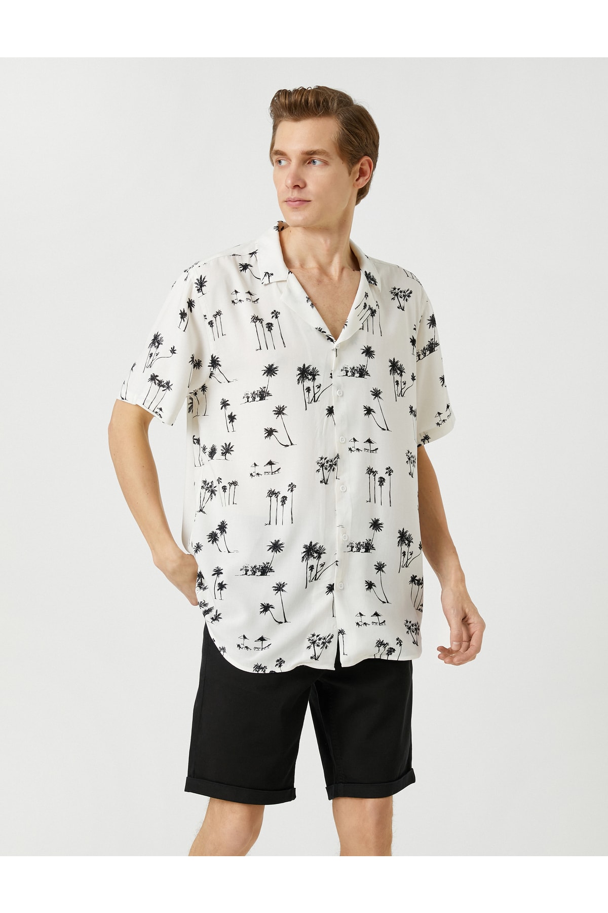 Koton Summer Shirt Short Sleeve Turndown Collar Palm Printed