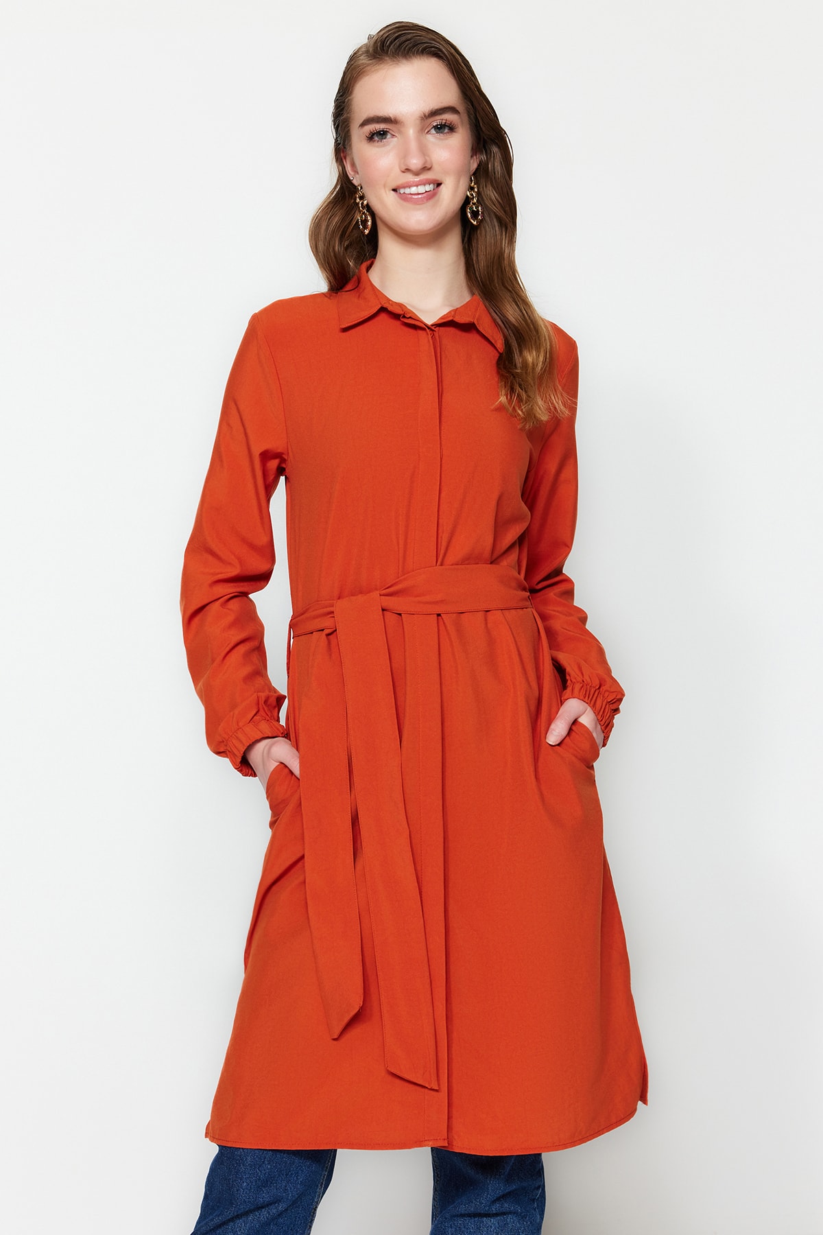 Trendyol Red Belted Pocket Detailed Woven Cotton Shirt with Cap