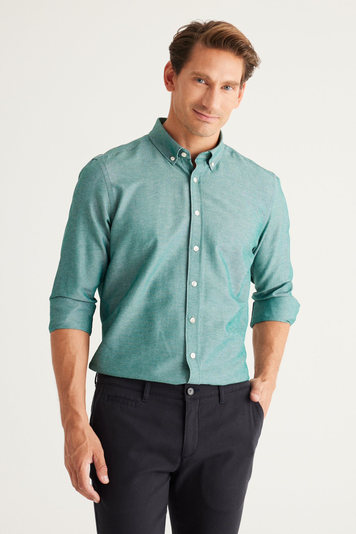 Levně AC&Co / Altınyıldız Classics Men's Green Buttoned Collar Easy to Iron Cotton Slim Fit Slim Fit Oxford Shirt