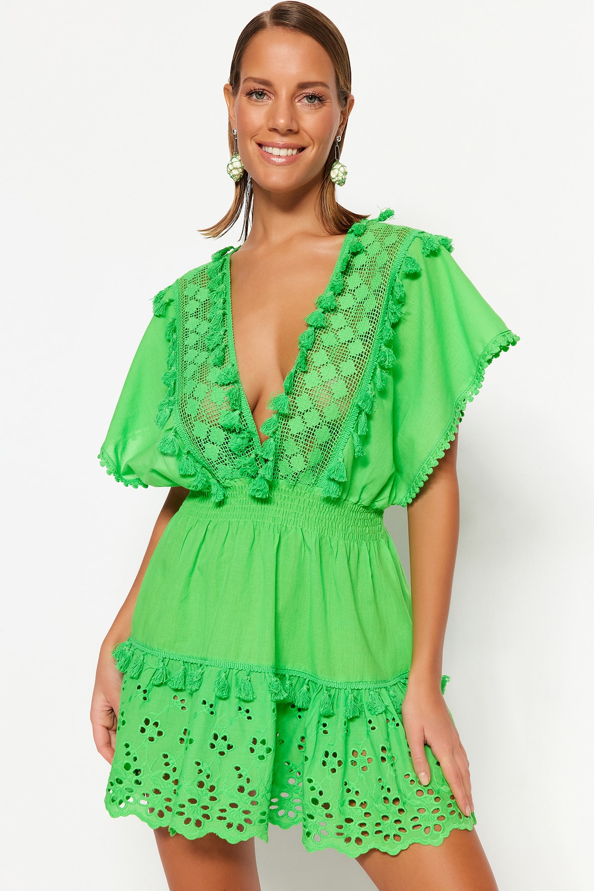 Trendyol Green Mini Broderie țesută 100% rochie de plajă din bumbac