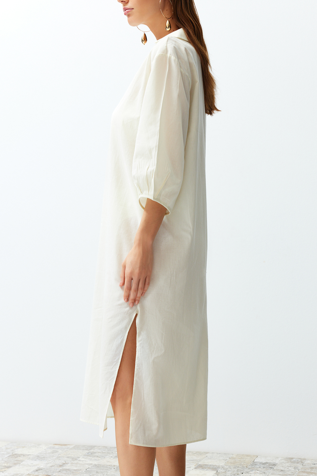 Trendyol Ecru Wide Fit Midi Woven Balloon Sleeve 100% Cotton Beach Dress