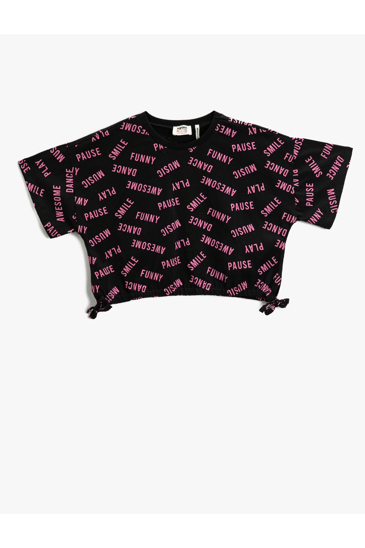 Koton Crop Oversize T-Shirt Short Sleeve Printed Crew Neck With Bow Detail On The Sides
