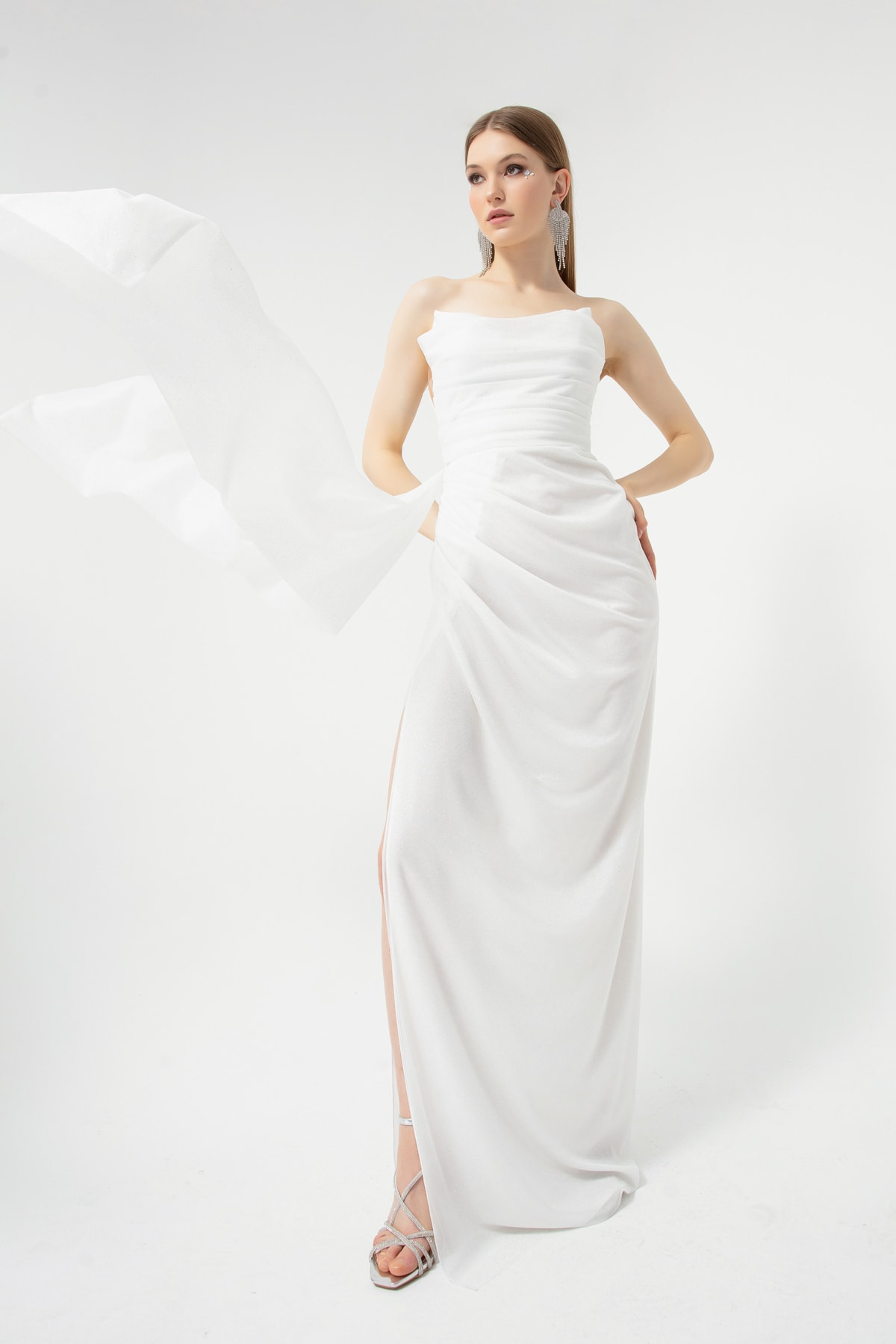 Lafaba Women's White Bust Draped Glittery Slit Evening Dress.