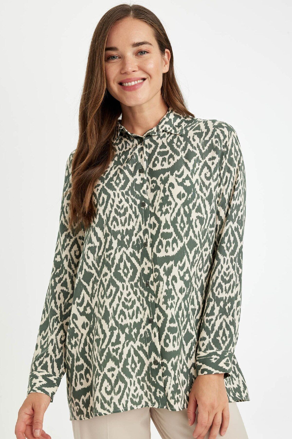 DEFACTO Loose Fit Shirt Collar Patterned Long Sleeve Shirt Tunic