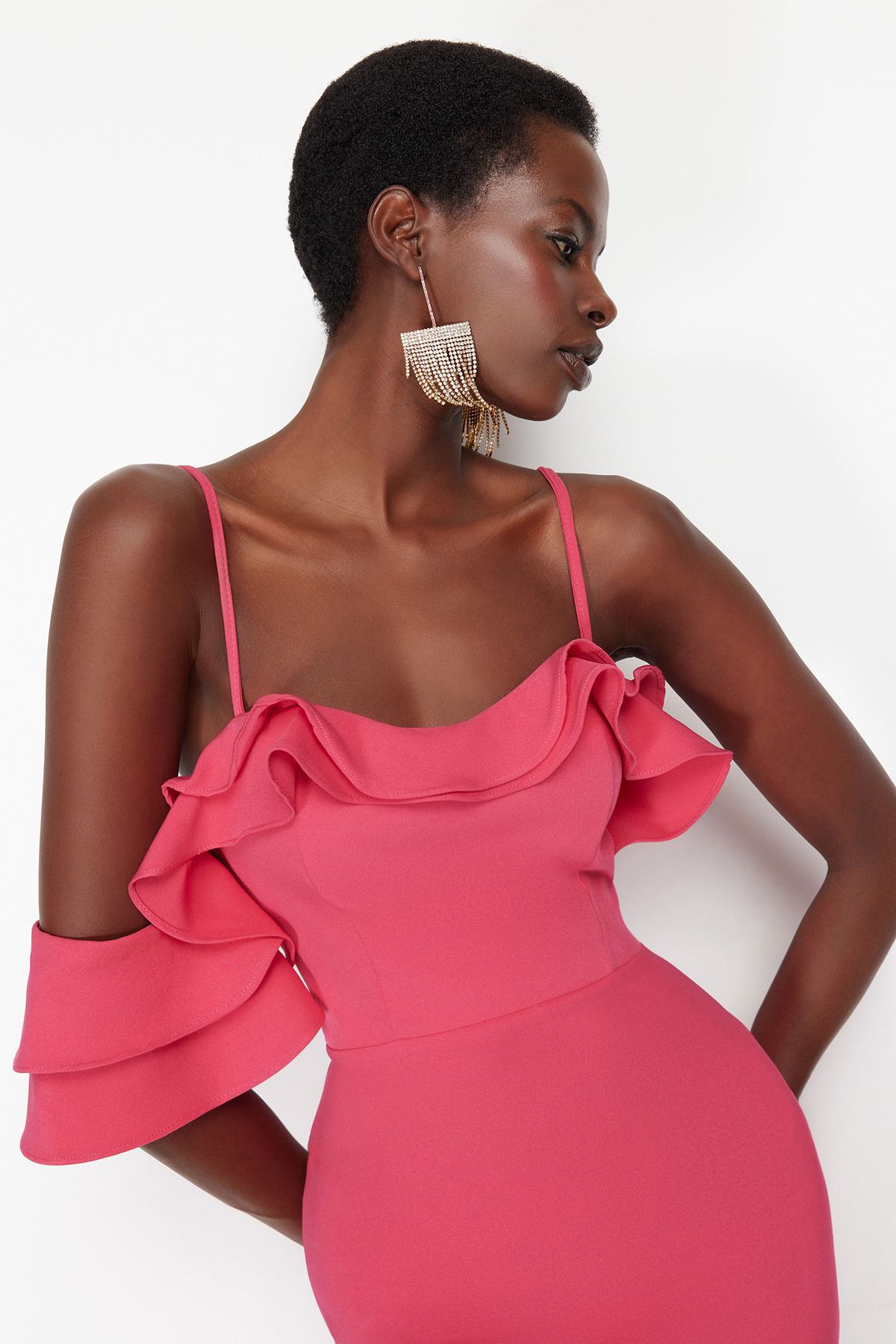 Trendyol Fuchsia Fitted Flounce Woven Short Elegant Evening Dress