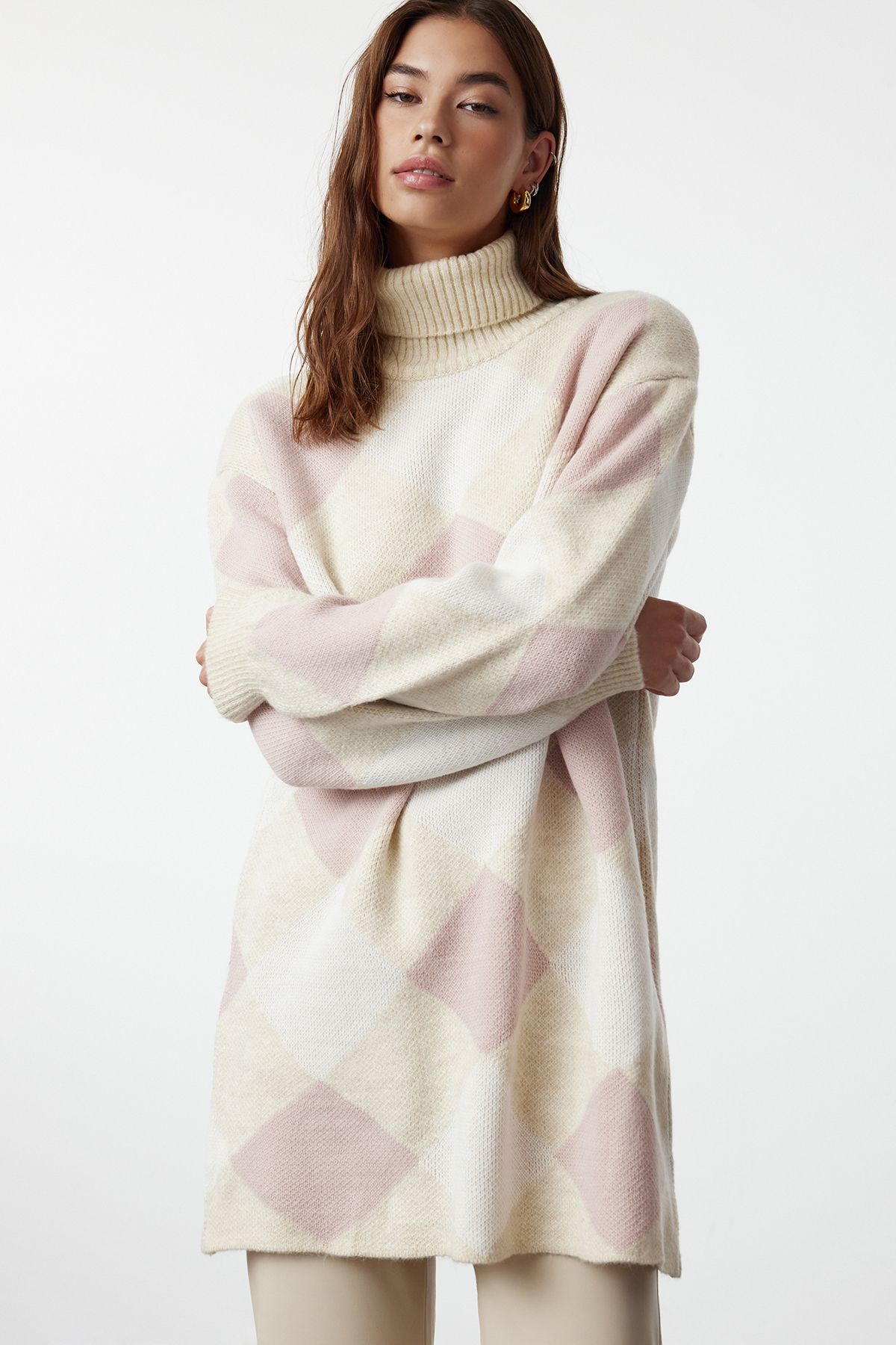 Trendyol Powder Plaid/Color Blocked Knitwear Sweater