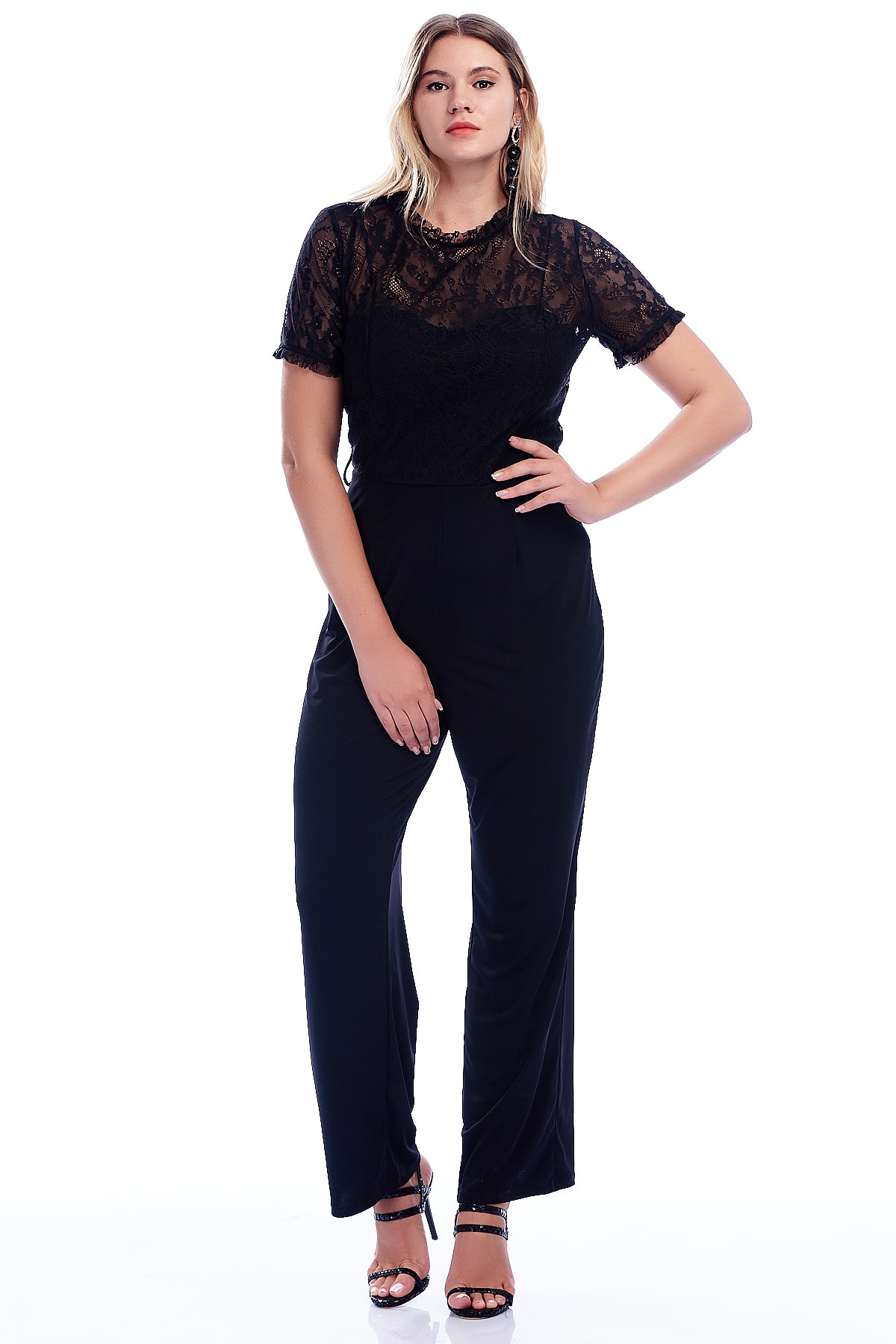 Levně Şans Women's Plus Size Black Jumpsuit with Lace Top