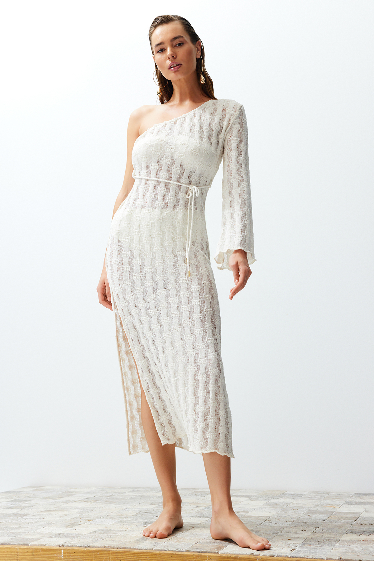Trendyol Beige Belted Bodycon Knitwear Look One Shoulder Beach Dress