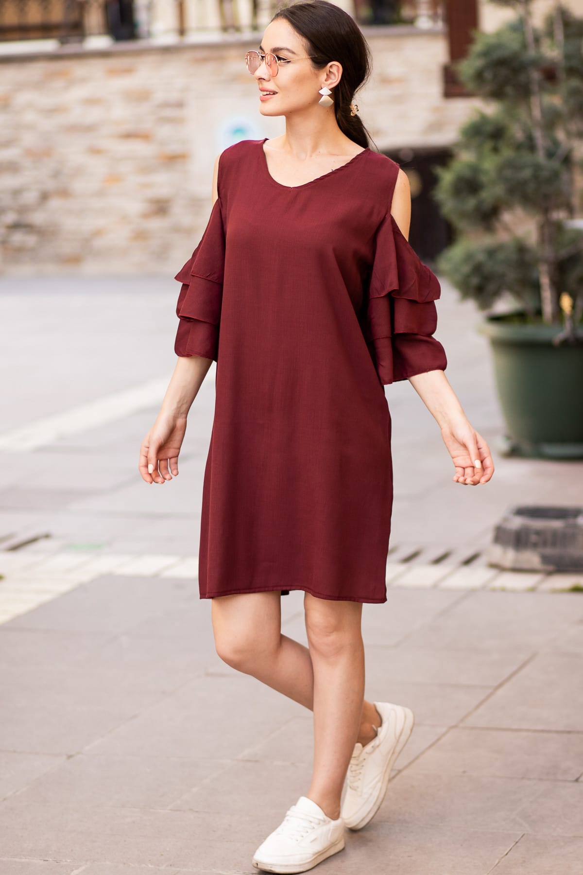 armonika Women's Burgundy V-Neck Dress with Open Shoulders and Ruffled Sleeves