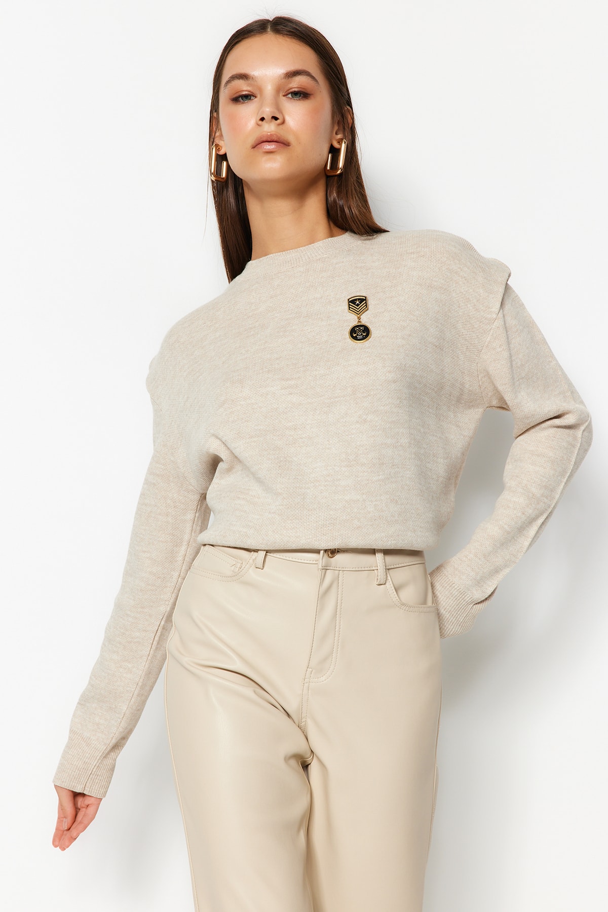 Trendyol Stone Epaulette Detailed Knitwear Sweater