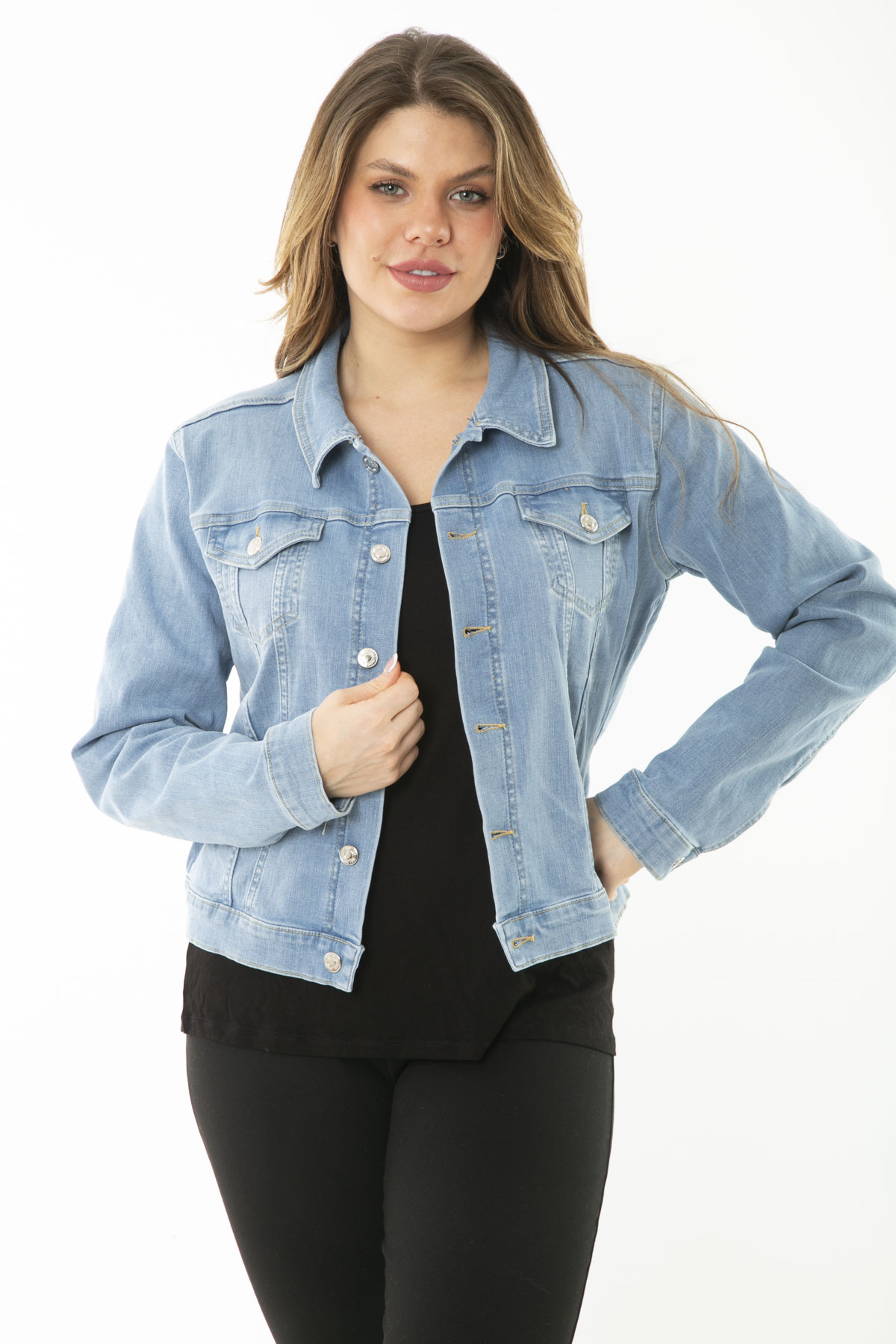 Şans Women's Plus Size Blue Lycra Denim Coat with Metal Buttons