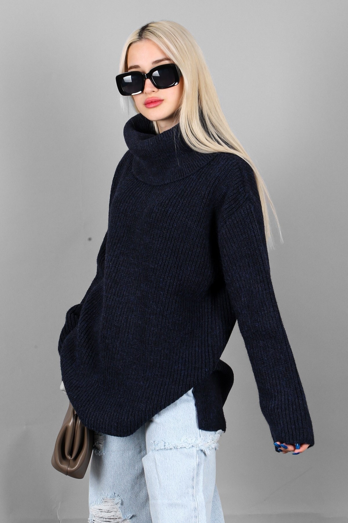 Madmext Navy Blue Oversized Turtleneck Knitwear Sweater
