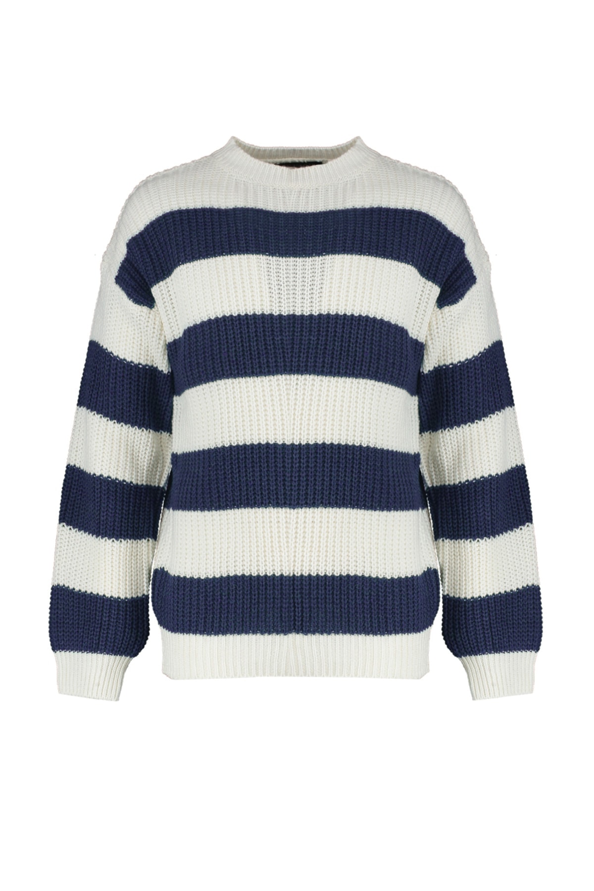 Levně Trendyol Indigo Oversize Fit Wide Fit Crew Neck Striped Knitwear Sweater