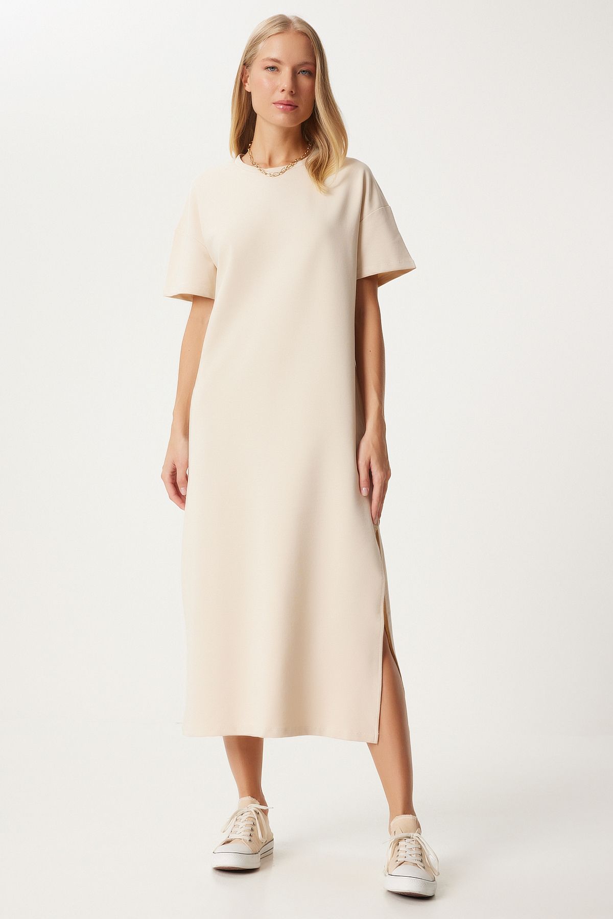 Happiness İstanbul Women's Cream Cotton Summer Casual Combed Dress