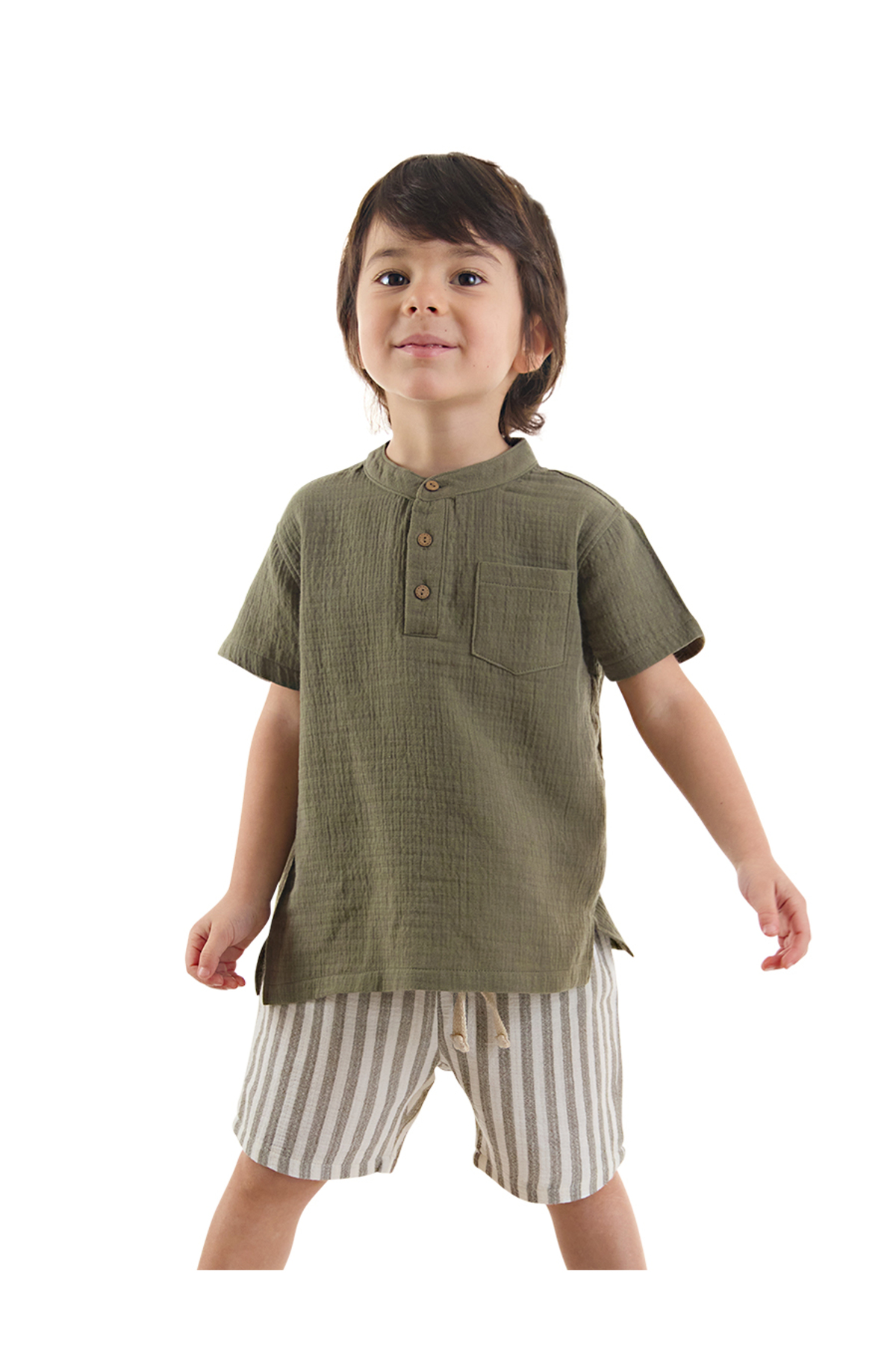 Denokids Baby Boy Green Muslin Shorts Shirt Suit
