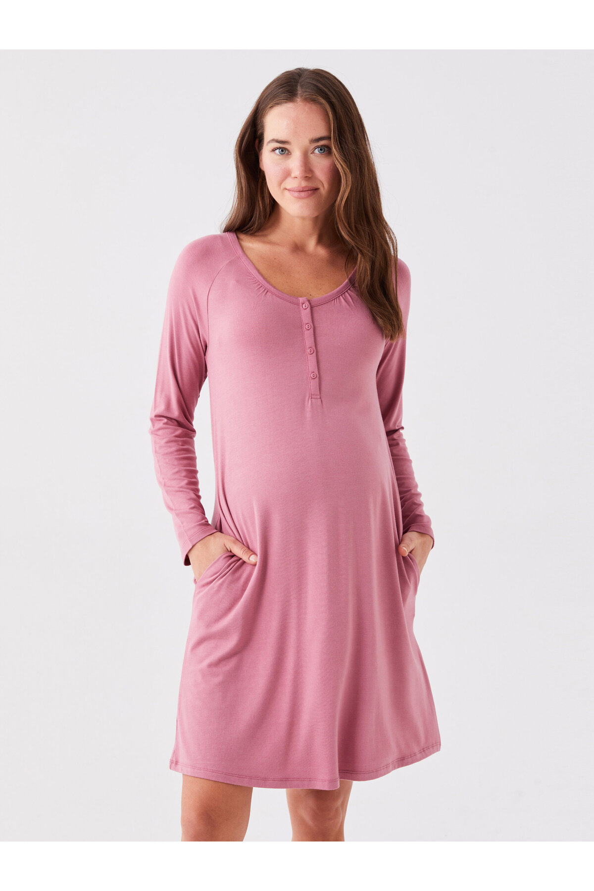 LC Waikiki Crew Neck Plain Long Sleeve Maternity Nightgown