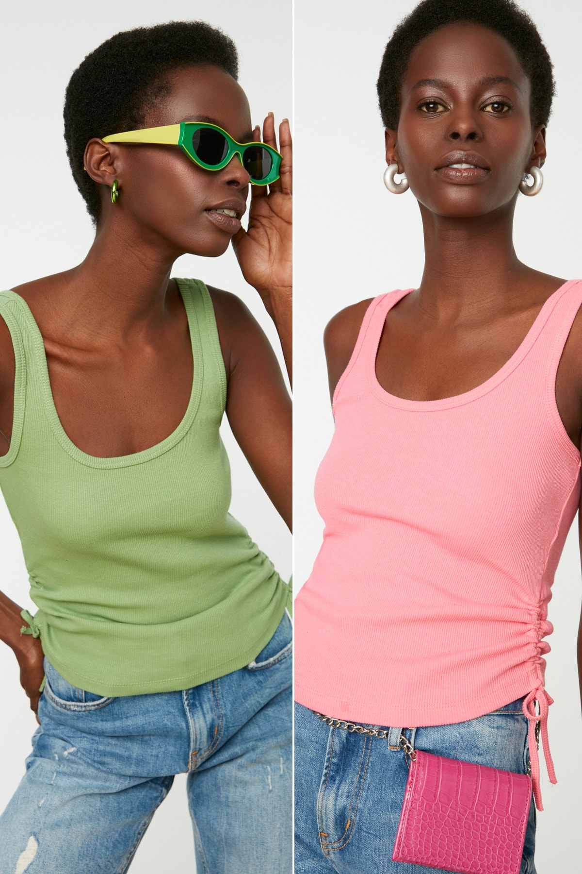 Levně Trendyol Pink-Mint 2-Pack Shirring Detailed Pool Collar Ribbed Flexible Knitting Singlet