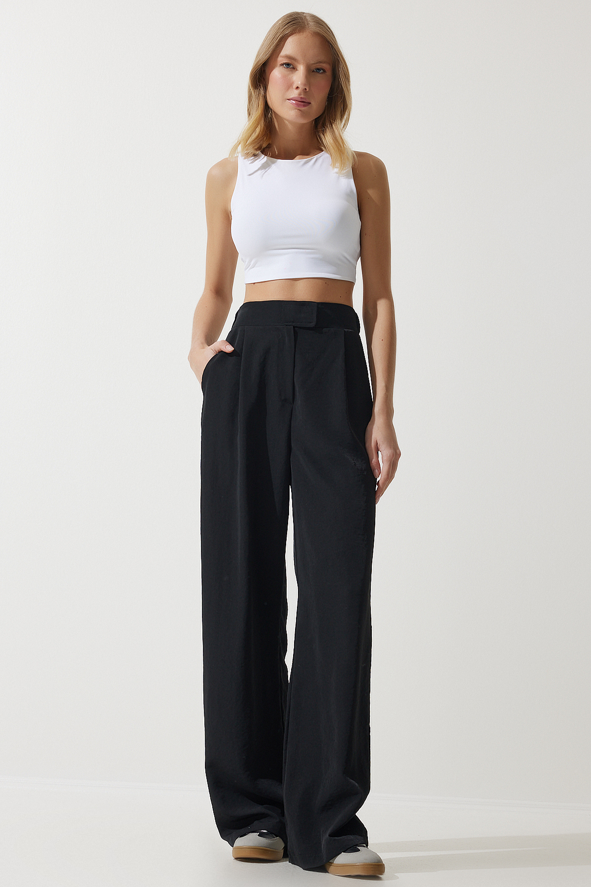 Happiness İstanbul Women's Black Velcro Waist Closure Palazzo Trousers