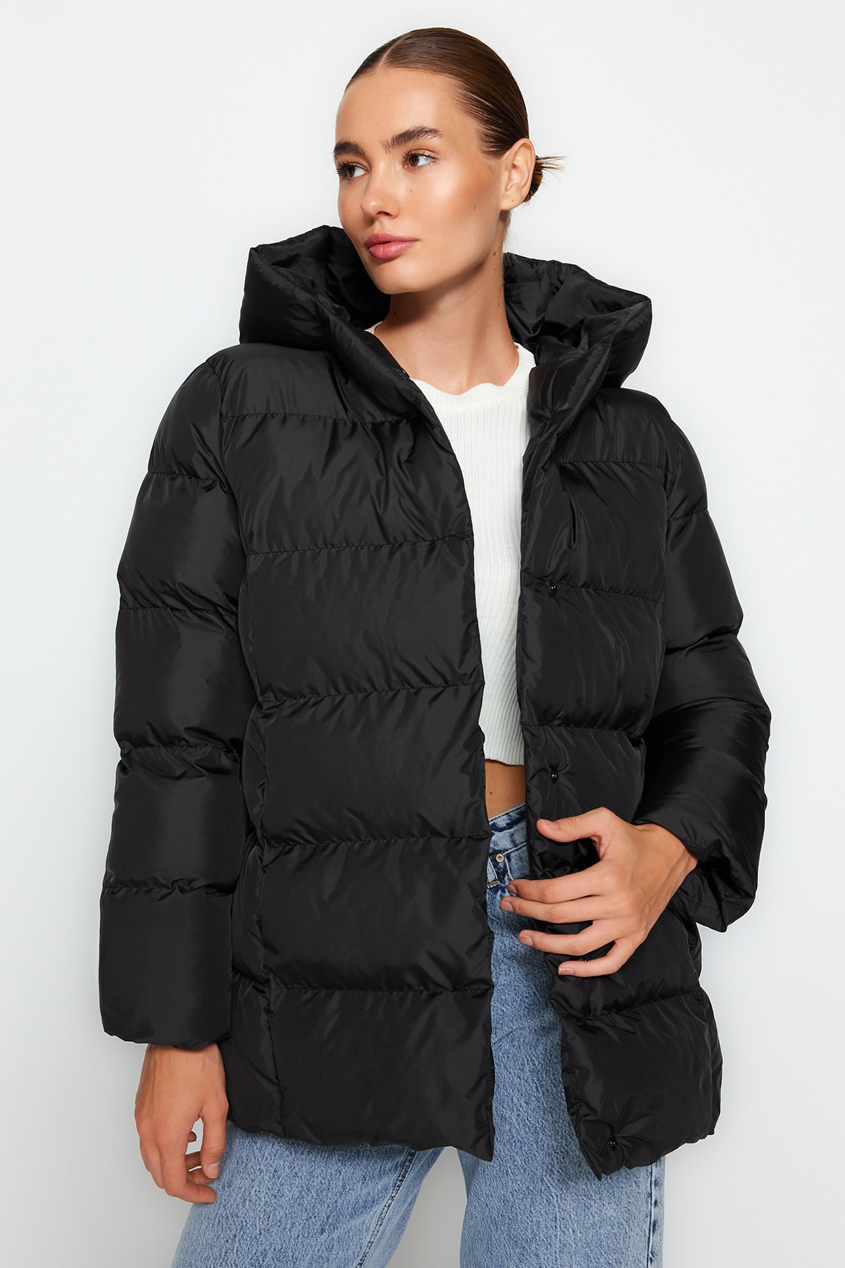 Trendyol Black Oversize Hooded Water Repellent Inflatable Coat