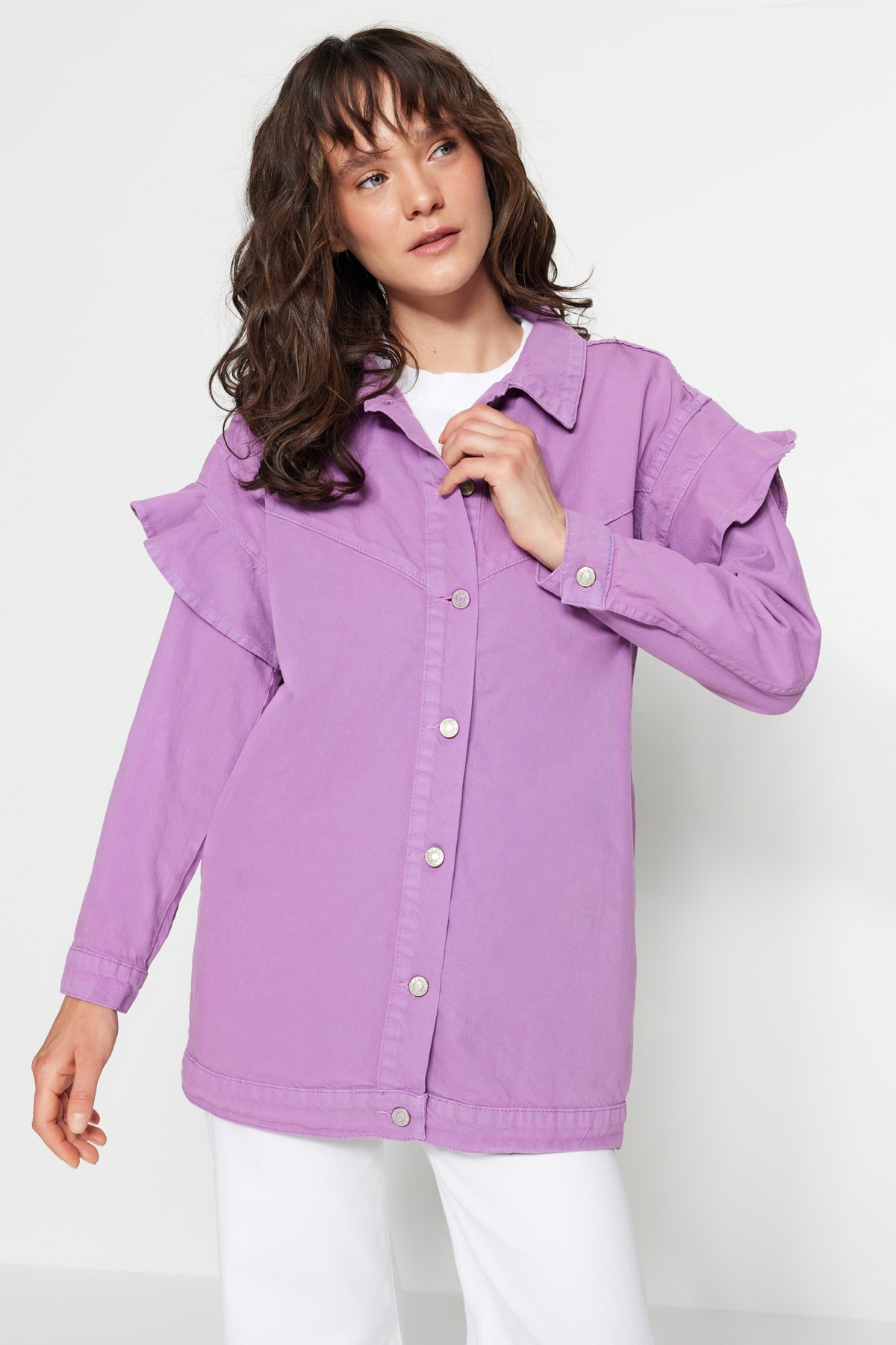 Jachetă Trendyol Lilac Denim Jeans cu detalii volane pe mâneci