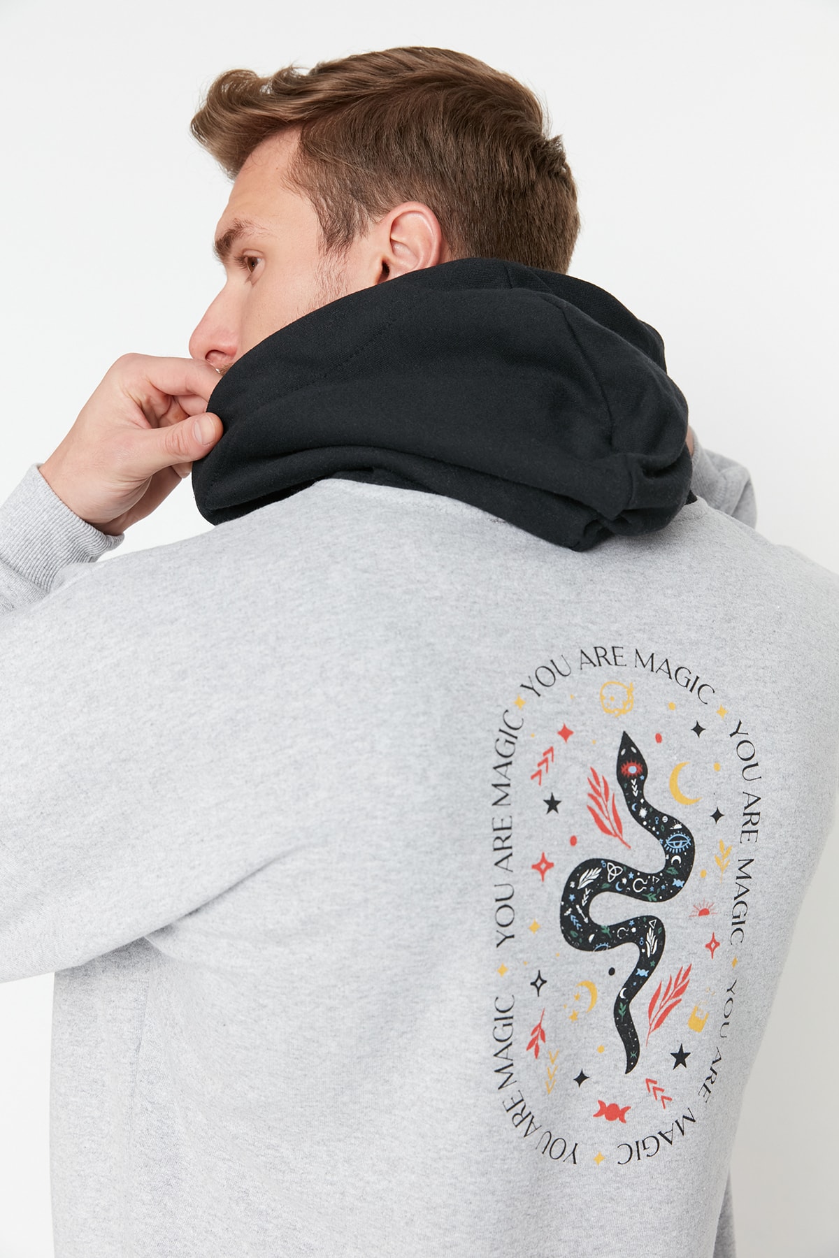 Levně Trendyol Gray Oversize/Wide-Fit Hooded Text Printed Fleece Inside Sweatshirt