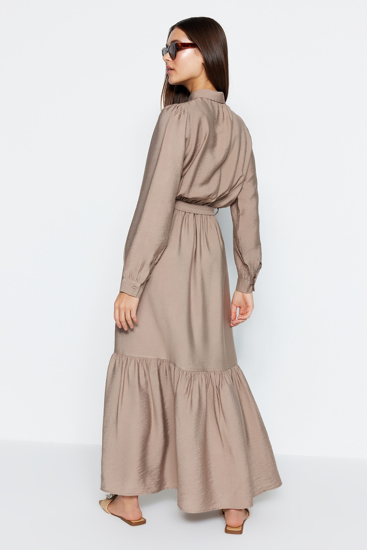 Trendyol Mink Belted Shoulder Detailed Flounce Skirt Buttoned Woven Shirt Dress