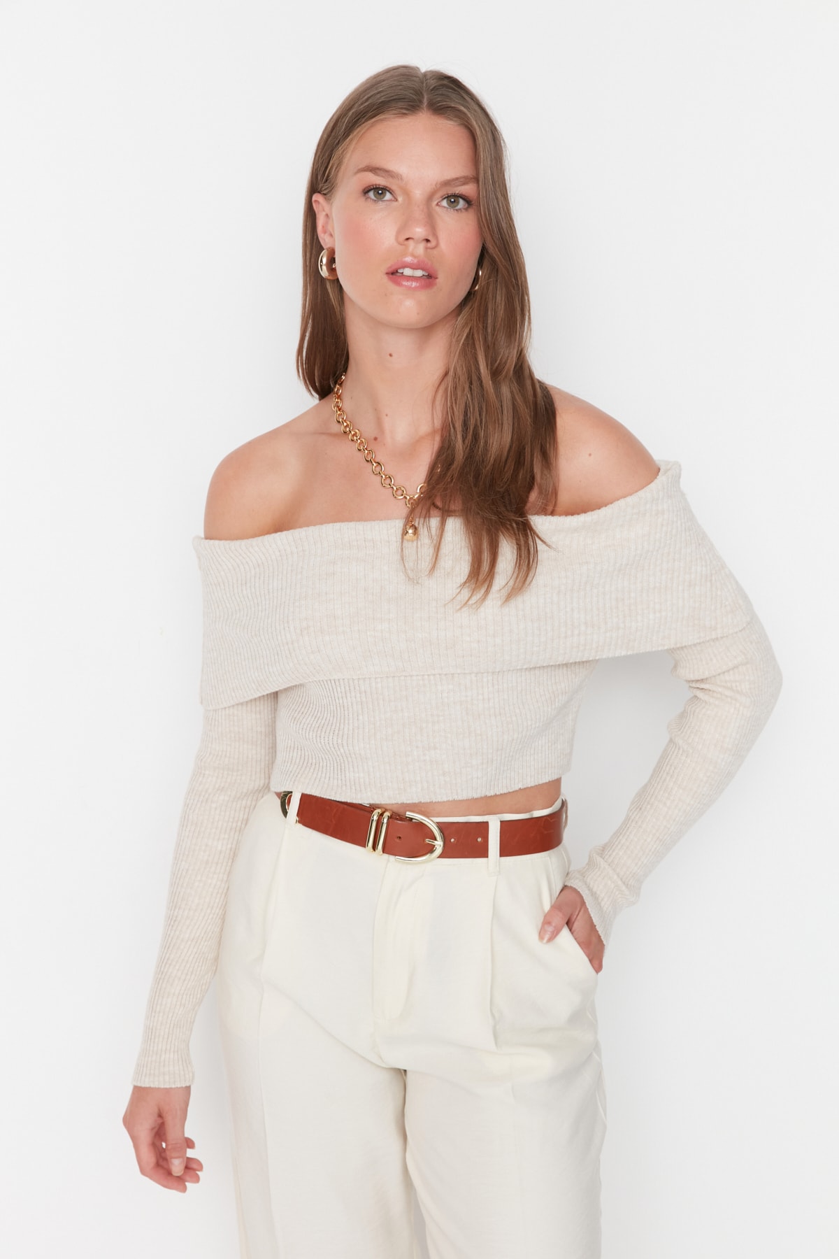 Trendyol Stone Super Crop Carmen Collar Knitwear Sweater
