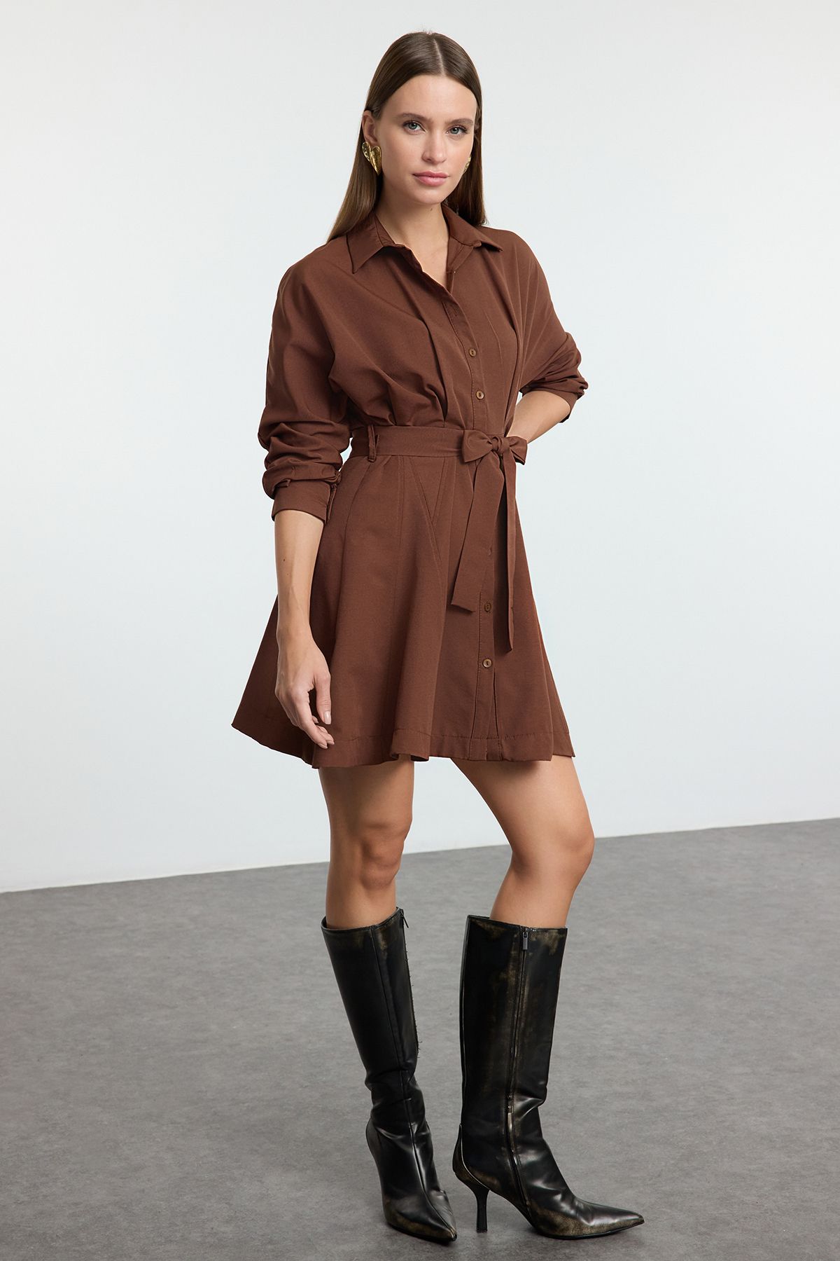 Trendyol Brown Mini Woven Shirt Dress with Open Waist Skirt