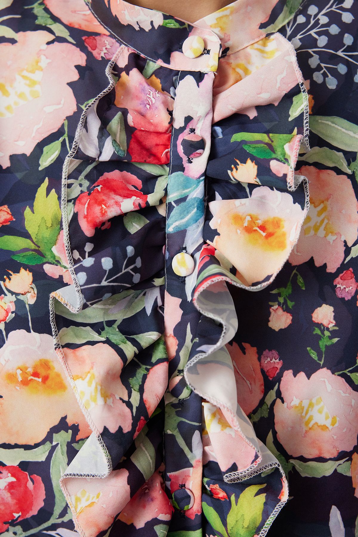 Trendyol Dark Blue Stand-Up Collar Ruffled Chiffon Floral Woven Shirt