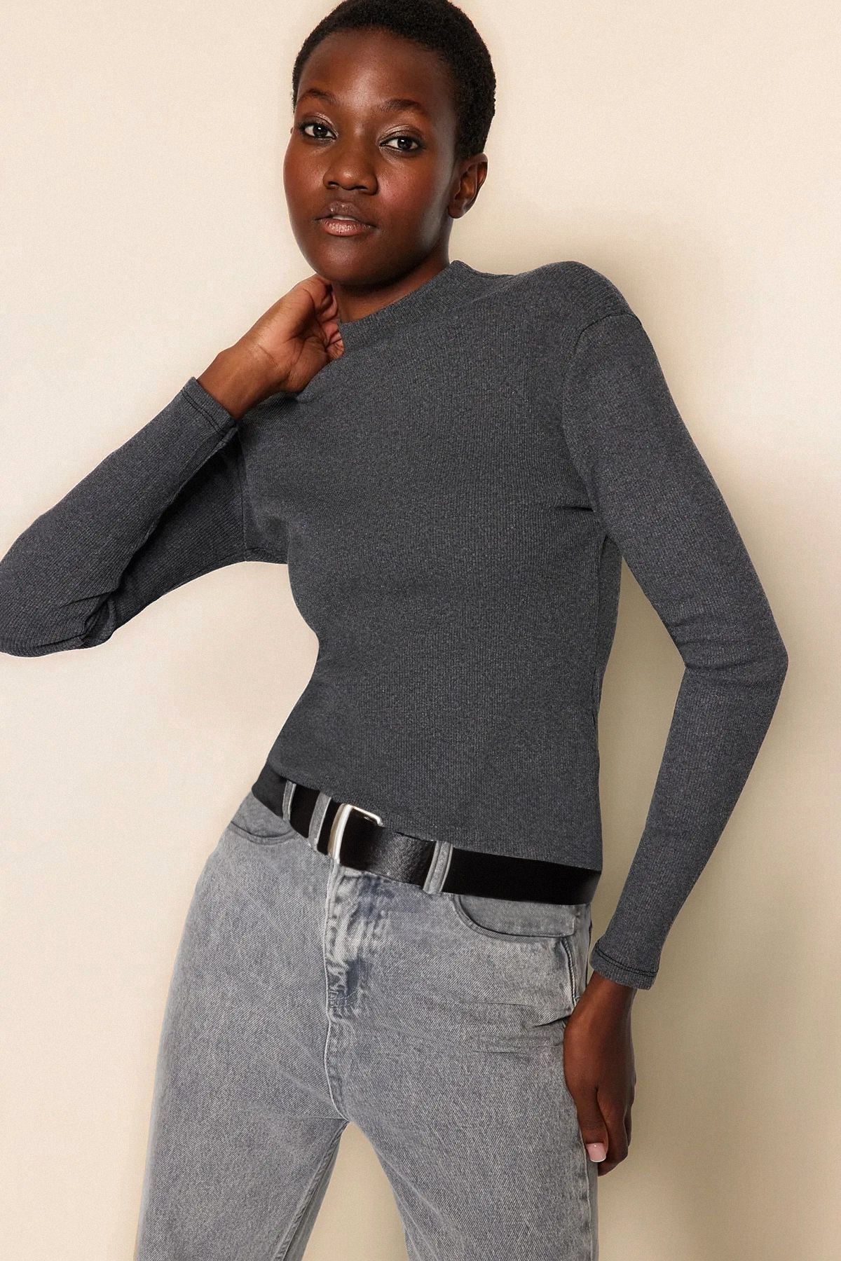 Trendyol Dark Anthracite Fitted High Collar Long Sleeve Ribbed Stretchy Knitted Blouse