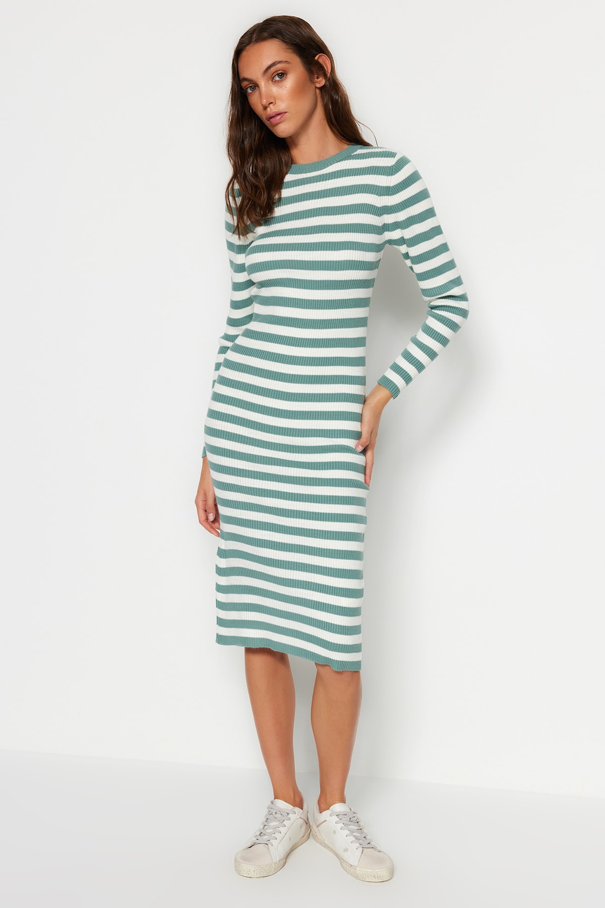 Trendyol Mint Midi Tricotaje Rochie de bază cu dungi