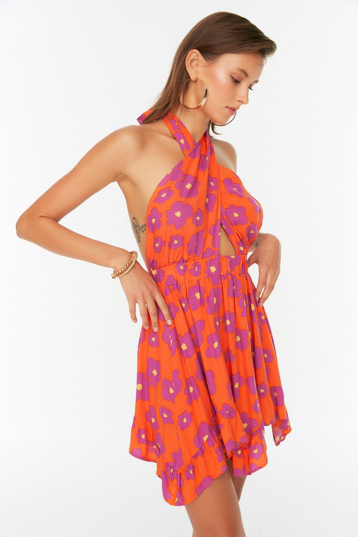 Trendyol Floral Patterned Tie Back Detailed Beach Dress