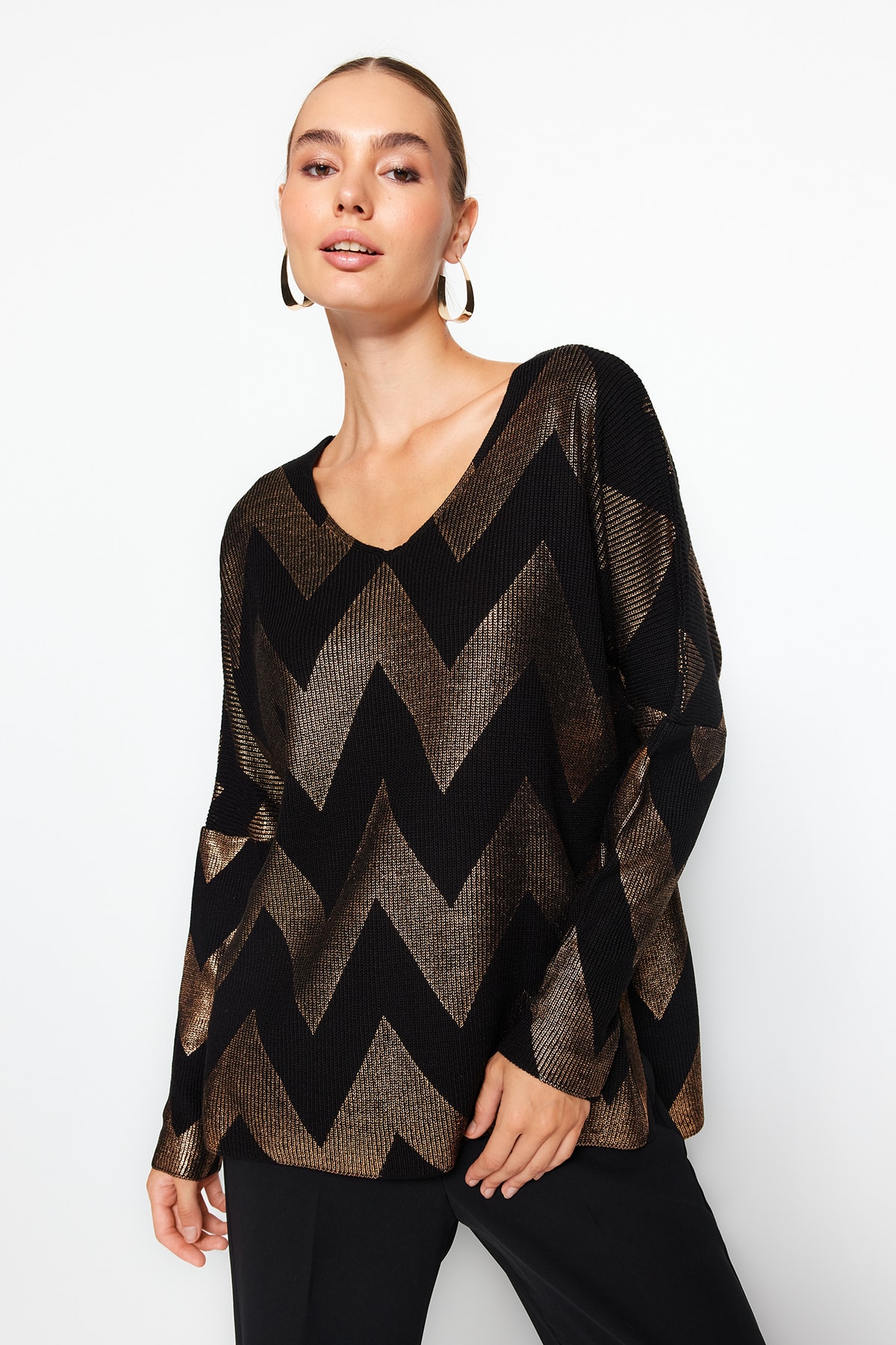 Trendyol Black Foiled Printed Knitwear Sweater