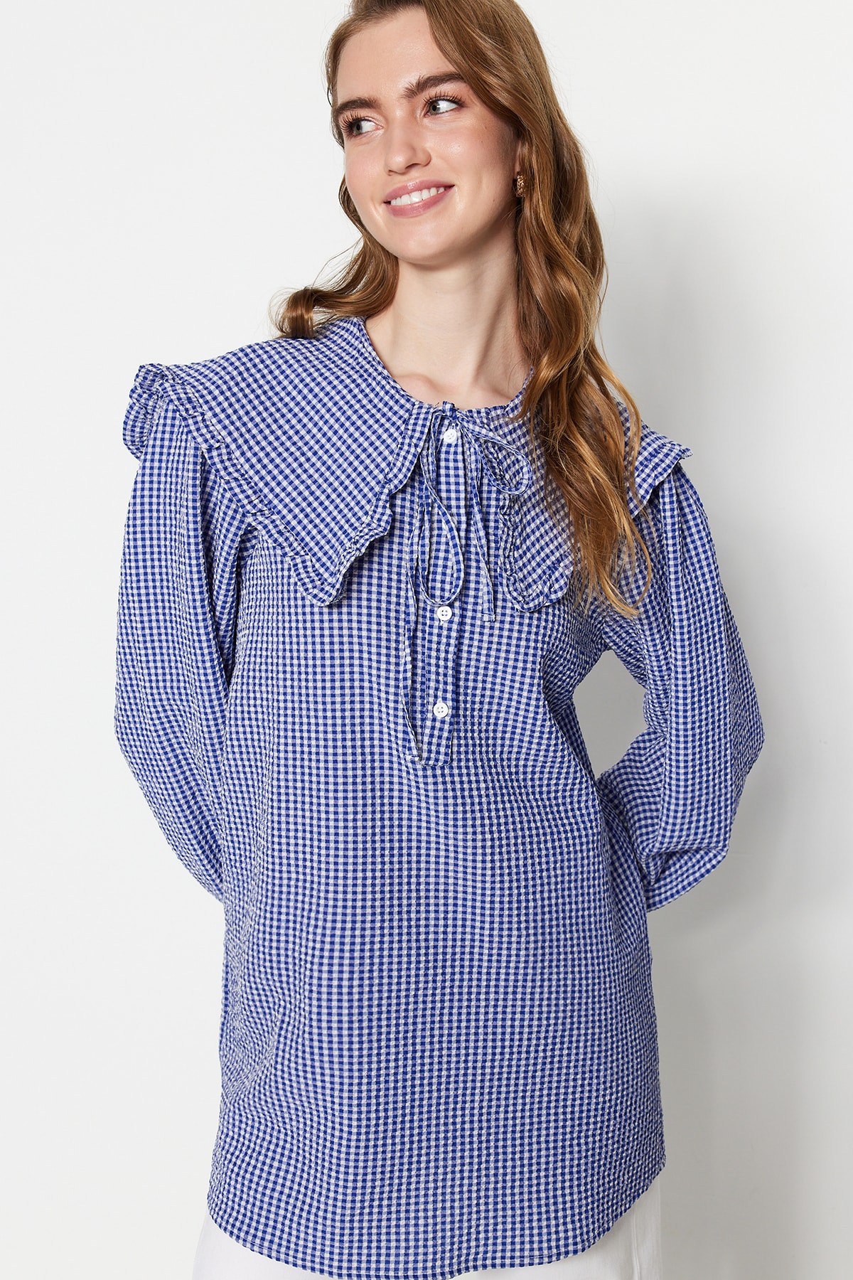 Levně Trendyol Blue Baby Collar Gingham Patterned Woven Tunic