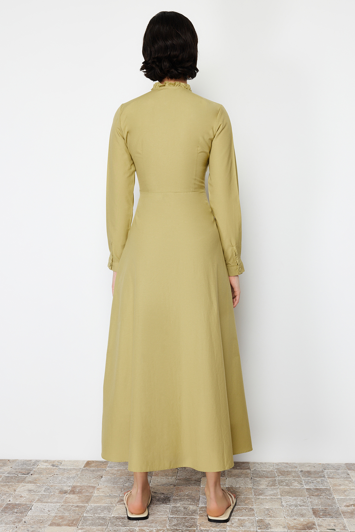 Trendyol Khaki Collar Tie Detailed Buttoned Woven Dress