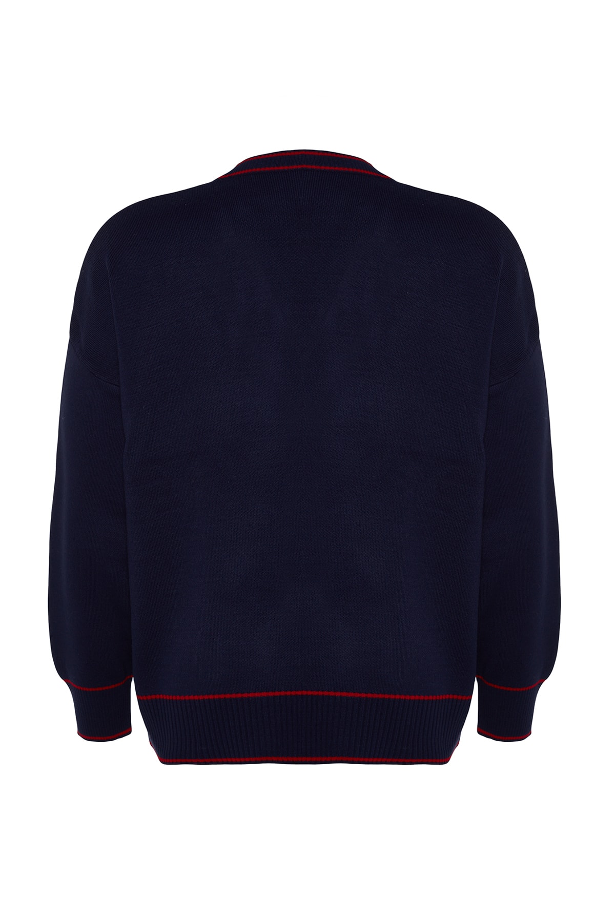 Trendyol Curve Navy Blue-Red Stripe Detailed Knitwear Cardigan