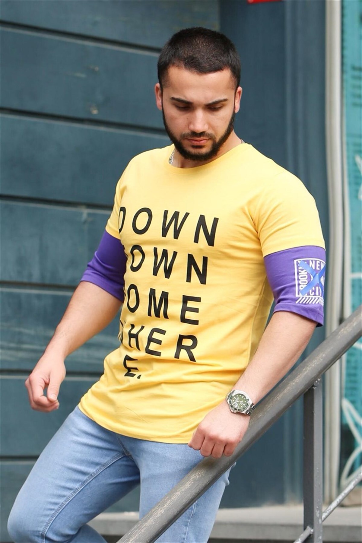 Levně Madmext Printed Sleeve Detail Yellow T-Shirt