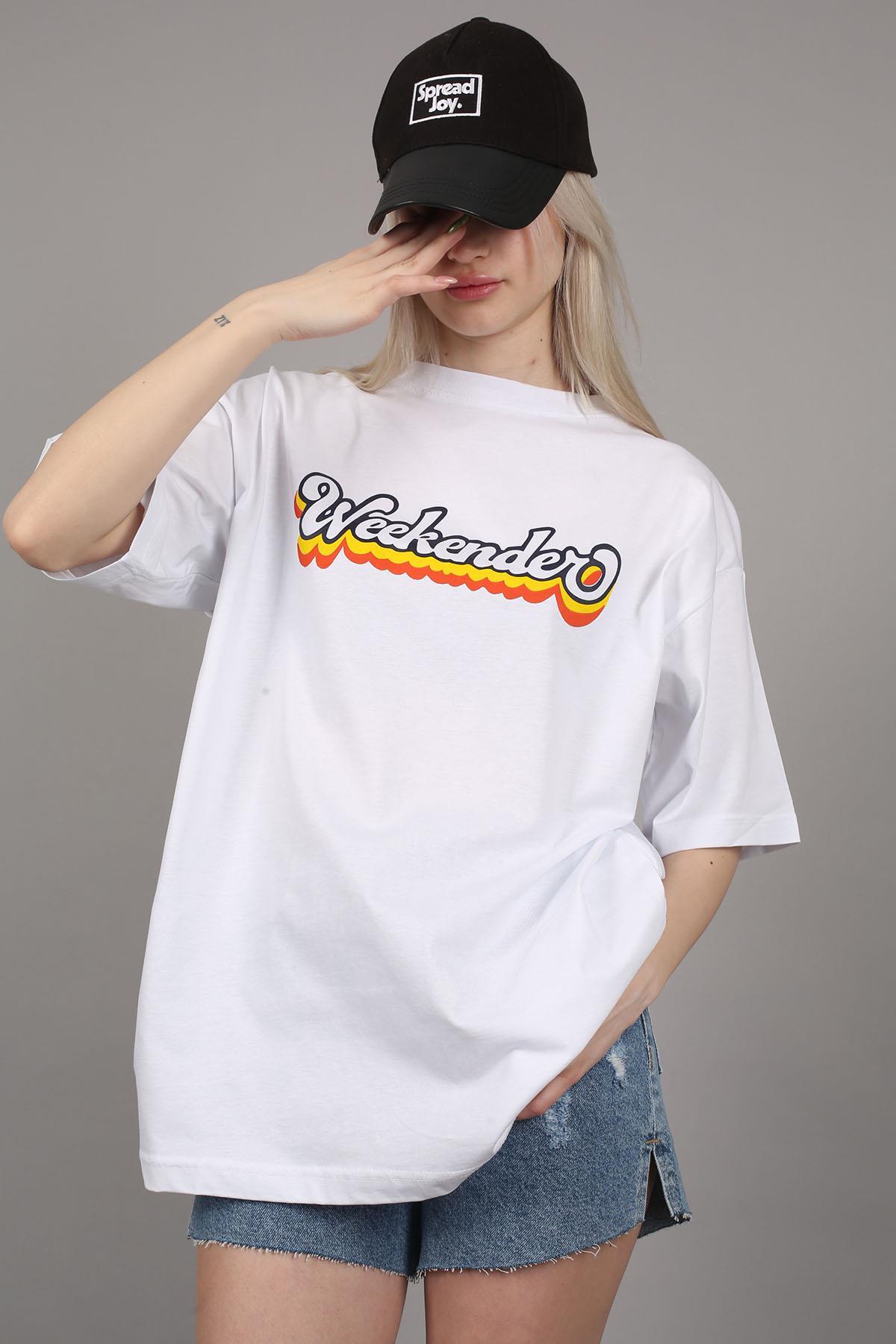 Levně Madmext Oversized Round Neck Women's White Printed T-Shirt