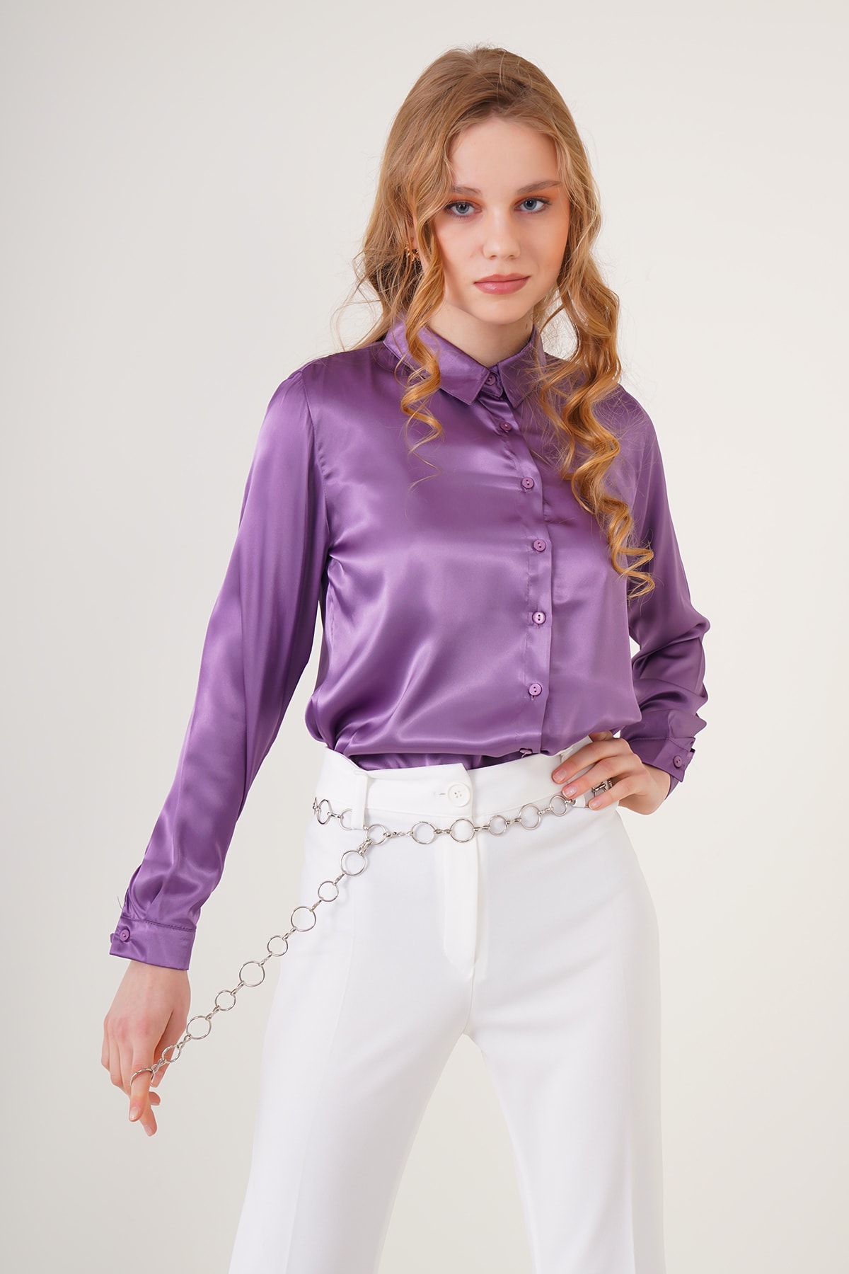 Levně Bigdart 3964 Lightly Flowing Satin Shirt - Purple