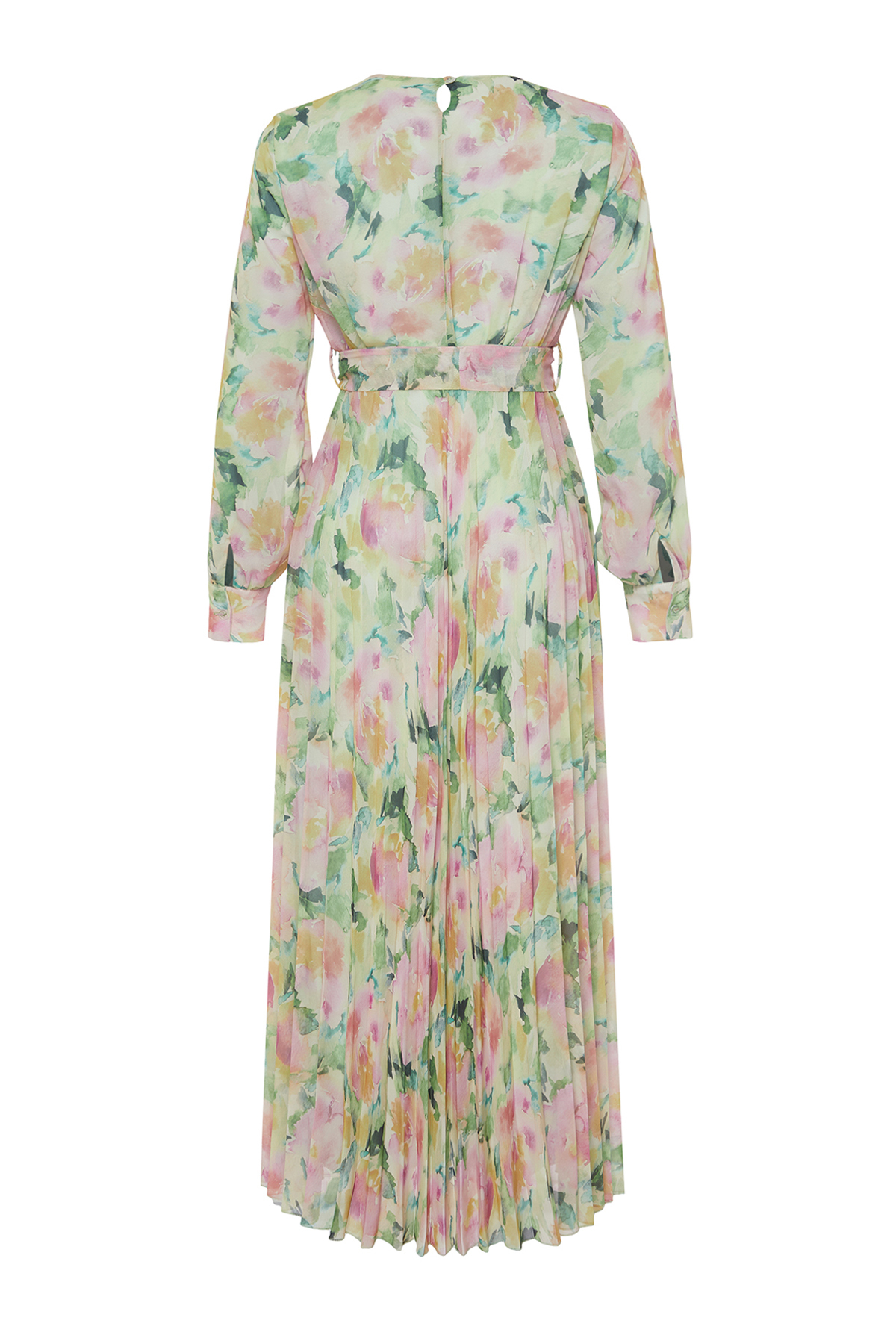 Trendyol Light Green Floral Belt Detailed Lined Pleated Chiffon Woven Dress