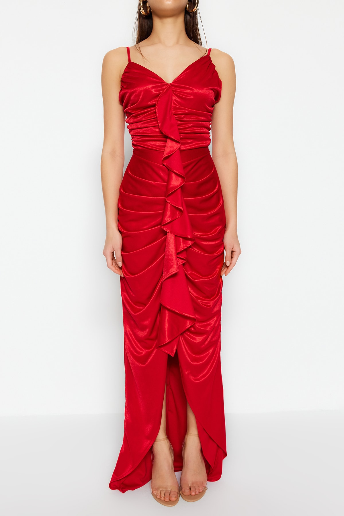 Trendyol Red Tricotat Satin Flounce Rochie lunga de seara