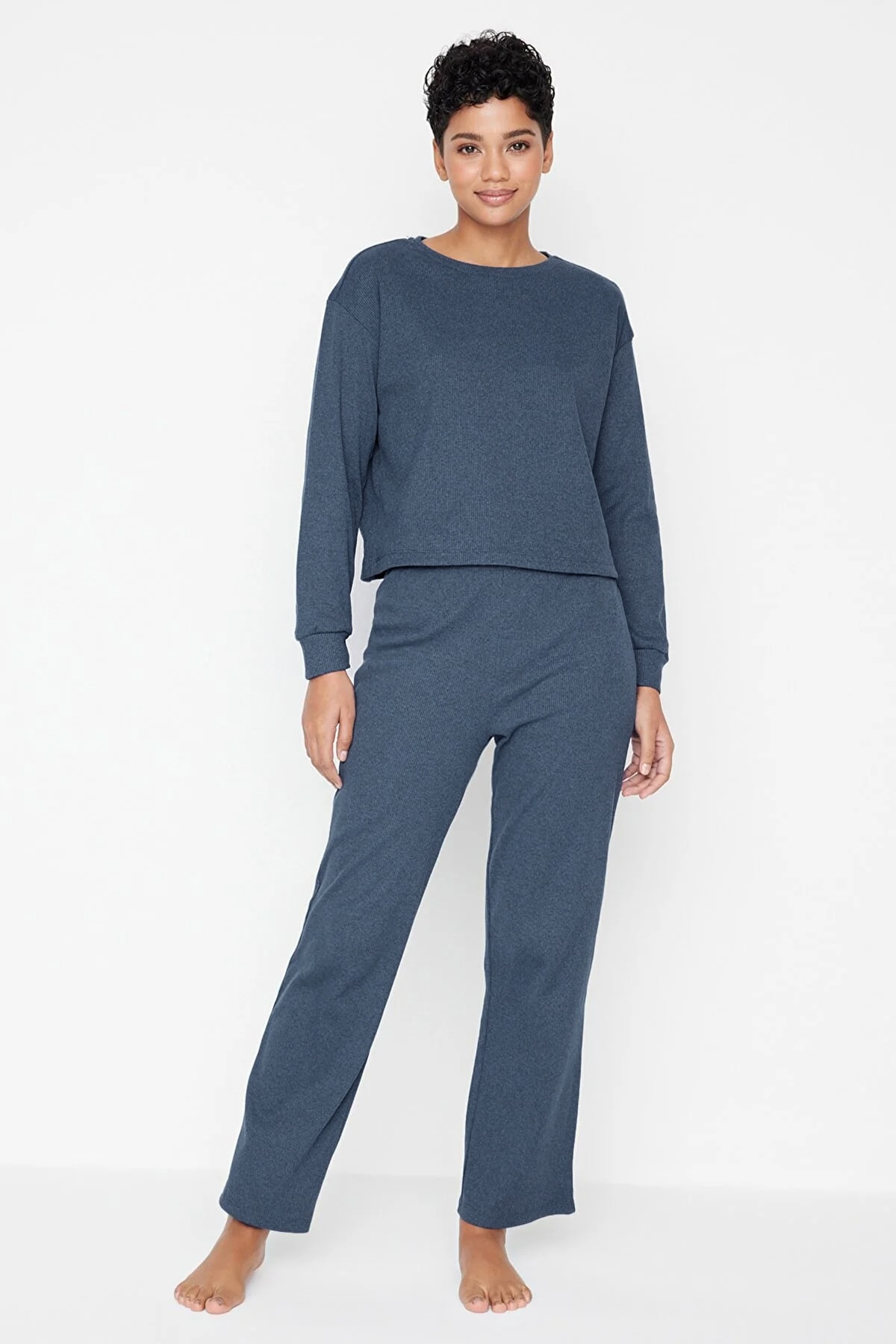Levně Trendyol Navy Blue Corded Cotton T-shirt-Pants Knitted Pajama Set