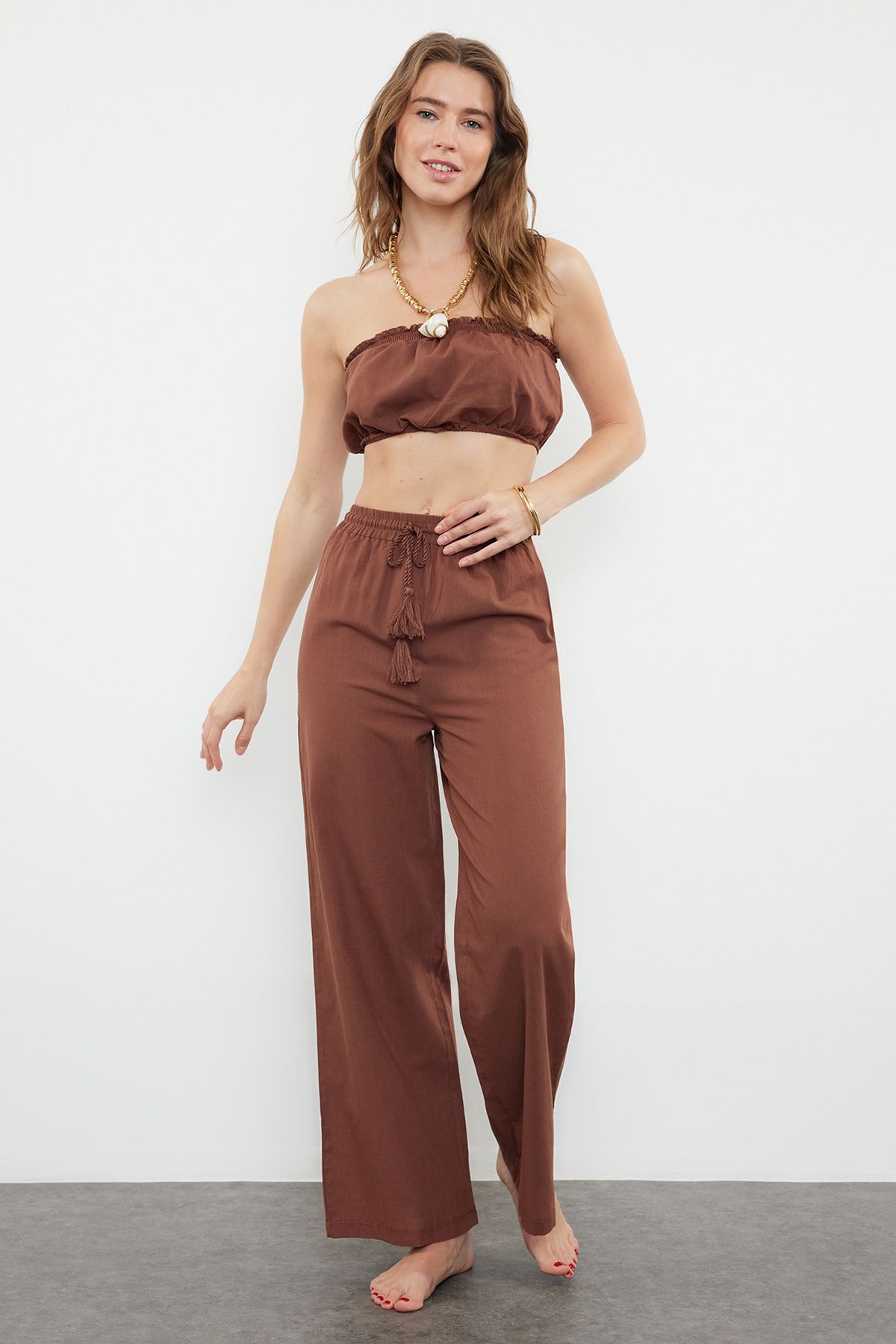 Trendyol Brown Woven 100% Cotton Blouse and Trousers Set